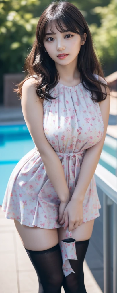 masterpiece, highest quality, disorganized, perfect anatomy, 1 girl, alone, pascal tales, short hair, beautiful, Hilarious, sunny day, botanical garden, Summer winds, sundress, Floral, wavy hair, smile, Waving your hand, Big breasts, big butt, thick thighs, long legs, It's windy, A summer mini sundress blows in the wind