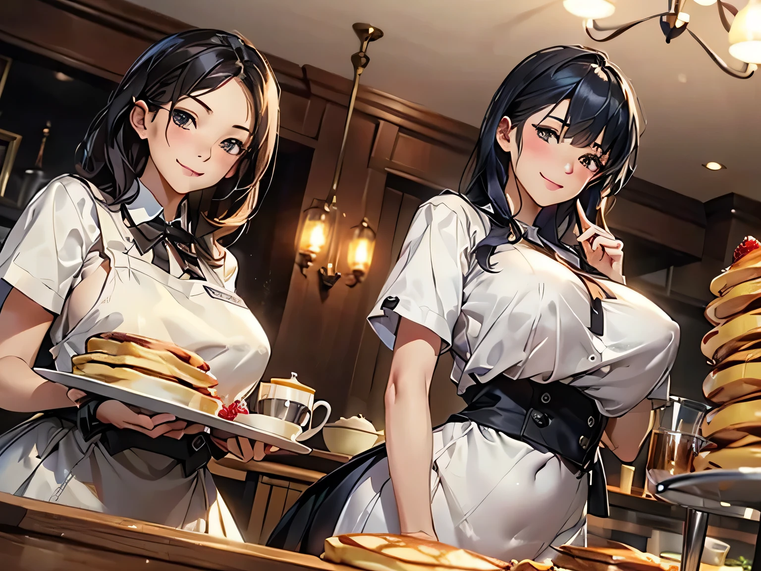group_mf, ((Pancake day))、(Original photo、realistic)、(Ultra-detailed)、(best quality、8k、high resolution、masterpiece:1.2)、angle from below、viewers、(perfect anatomy:1.3)、full body、2 girls、beautiful cafe clerk sister、((beautiful eyes))、beautiful and well-groomed face、(Super hourglass figure:1.3)、( Upwards Super Big Breasts :1.3)、Clothed Erect Nipples 、 Slim waist、(cute cafe uniform:1.3)、Improving the transparency of uniforms 、(heaps of pancakes and fruit toppings on a plate)、holding a tray with pancakes and tea sets、Correct finger、(Inside a stylish cafe)、(sexy and dynamic customer service pose)、( serving with a smile )、sexy thigh gap、fluffy pancakes on the counter、(pancakes toppings with berries and fresh cream and syrup)、warm lighting、MOVIE COMPOSITION、Concept Art