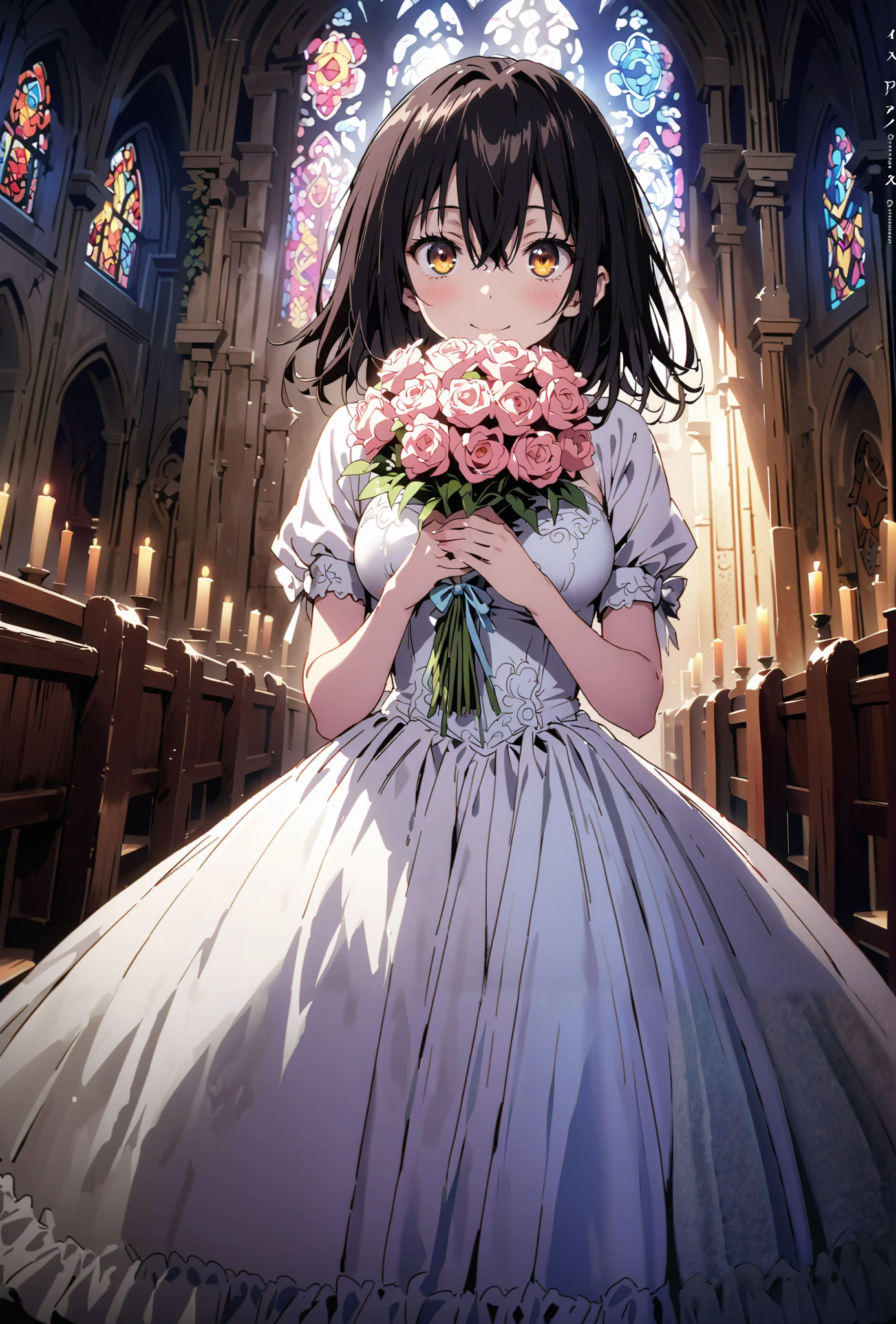 score_9, score_8_up, score_7_up, source_anime, Yukina Himeragi, medium hair, black hair, brown eyes,smile,cover,close your mouth,Medium breast,Wedding Dress,wedding long skirt,holding a bouquet of flowers with both hands,bouquet,standing,stained glass,full body,がillustrationに入るように,break indoors, Chapel,church,
break looking at viewer,full body,
break (masterpiece:1.2), best quality, high resolution, Unity 8K Wallpaper , (illustration:0.8), (beautiful detailed eyes:1.6), Highly detailed faces, perfect lighting, extremely detailed CG, (perfect hand, perfect anatomy),