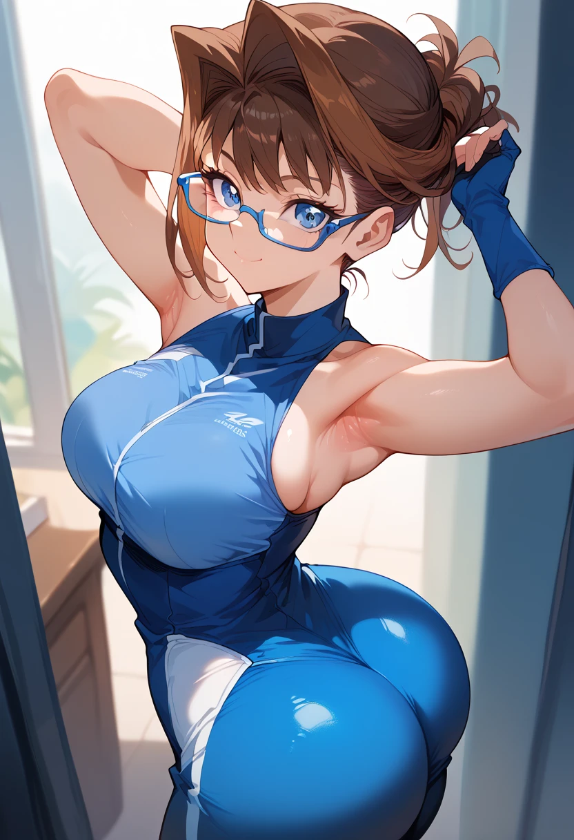 (masterpiece),(highest quality),(Very detailed),(High resolution),(Photorealistic Stick),(Realistic),(8k),wallpaper,Perfect lighting,BREAK(One Woman),((niimi kaoru:1.5)),(blue hair, short hair, brown eyes, hairclip, lips, stud earrings, semi-rimless eyewear:1.5),(NiimiBodysuit, blue bodysuit, belt:1.5),(31 years old),(((very sheer bodysuit:1.5))),(((Very detailedなボディスーツの描画:1.5))),(Beautiful Eyes:1.5),(Detailed face drawing:1.5),(Detailed face drawing:1.5),((Very detailedな女性の手:1.5)),(Shiny skin),(((Very muscular:1.5))),((Big Breasts:1.5)),(Very sensual:1.5),(((Thick thighs:1.5))),(Very sensual body:1.5),((((gradient background:1.5))),(((Blur the background:1.5))),(((Dancing:1.5))),(((Impish Smile:1.5)))