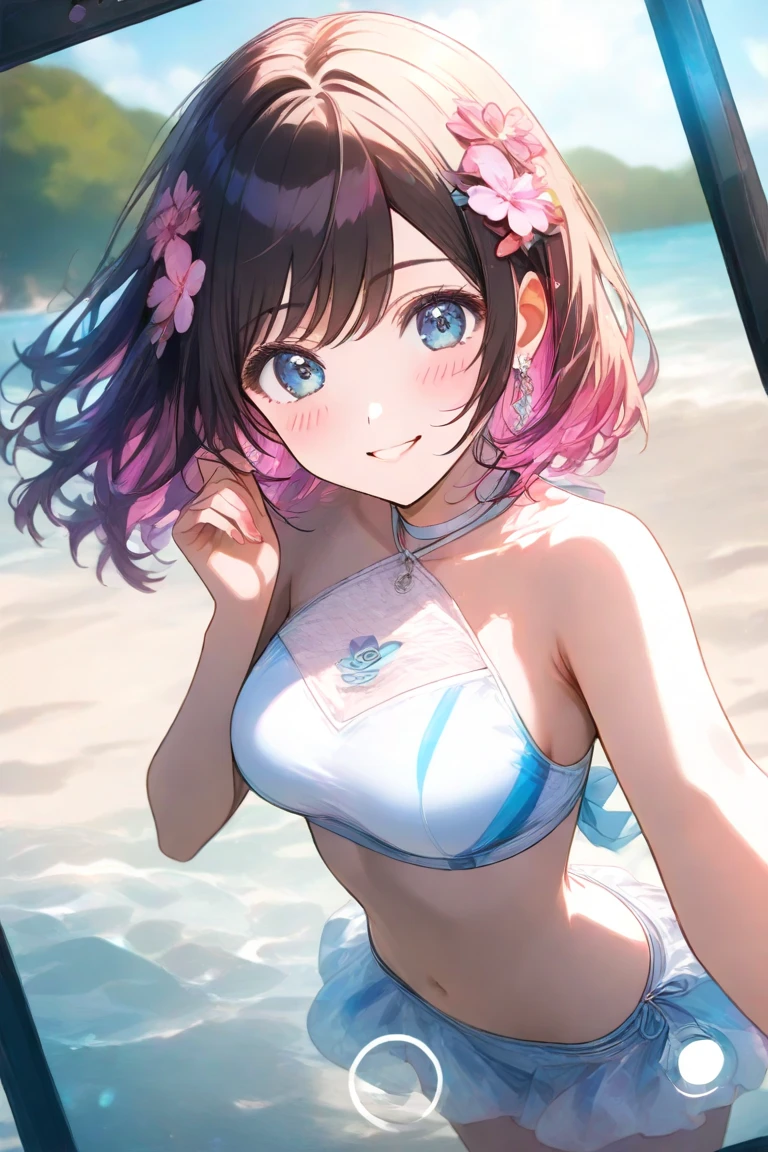 (masterpiece:1.5),(Beat quality),(high res),1girl solo,beautiful face,smile(shining eyes),upper body,light effects,Swimsuit Ganyu,Ocean