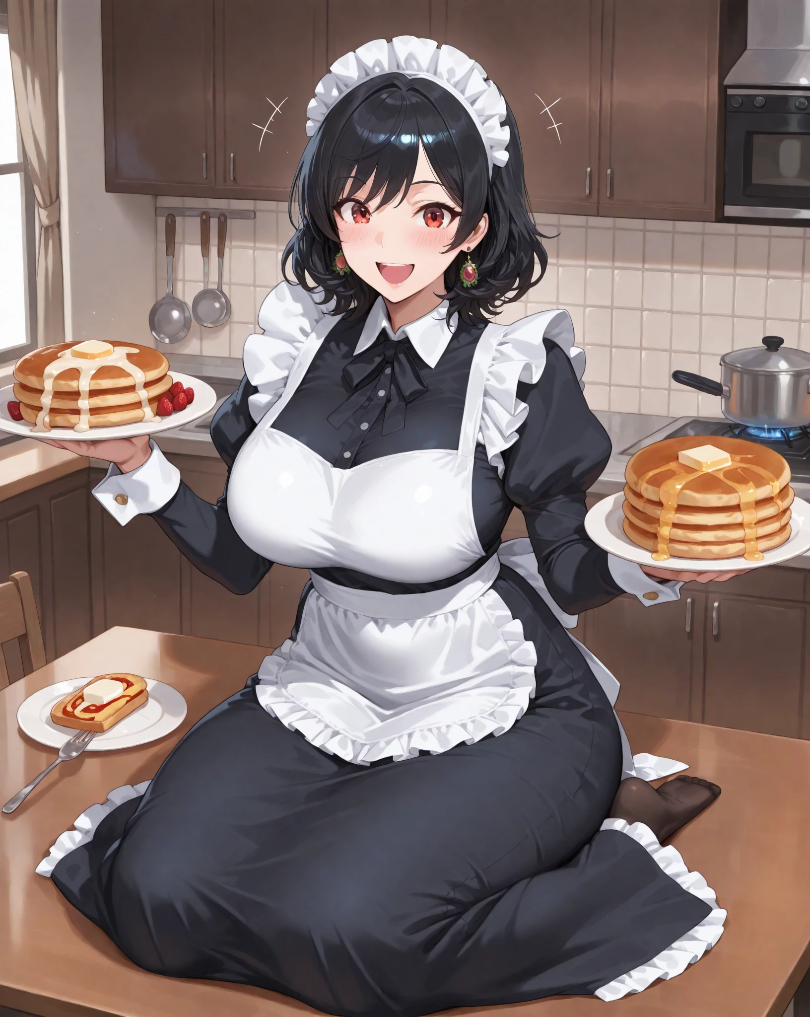 (masterpiece, best quality, highres, detailed, realistic:1.2), young japanese woman, maid, taking orders, (gigantic breasts:1.8), (bursting breasts), (detailed face, beautiful face), (annoyed expression:1.2), maid outfit, blushing, annoyed, (skinny:1.2), busy maid cafe, fringe, holding trays