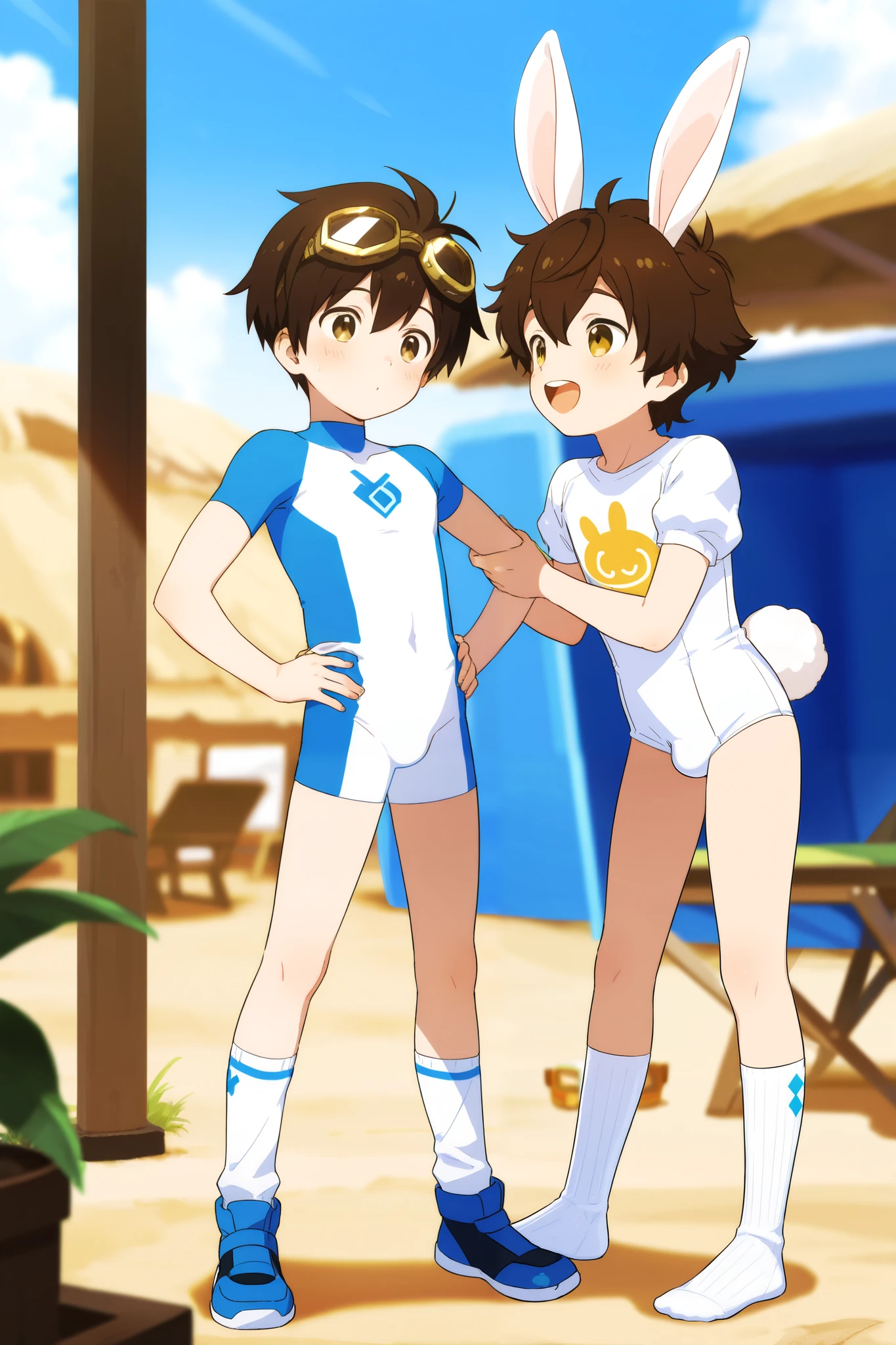 a boy, short hair,Boy in a blue and white bodysuit,Standing,cute,A with brown hair in white cotton socks,Goggles,looped rabbit ears, masterpiece, best quality ,male focus, Shota,enjoy,summer,Short sleeve,happy