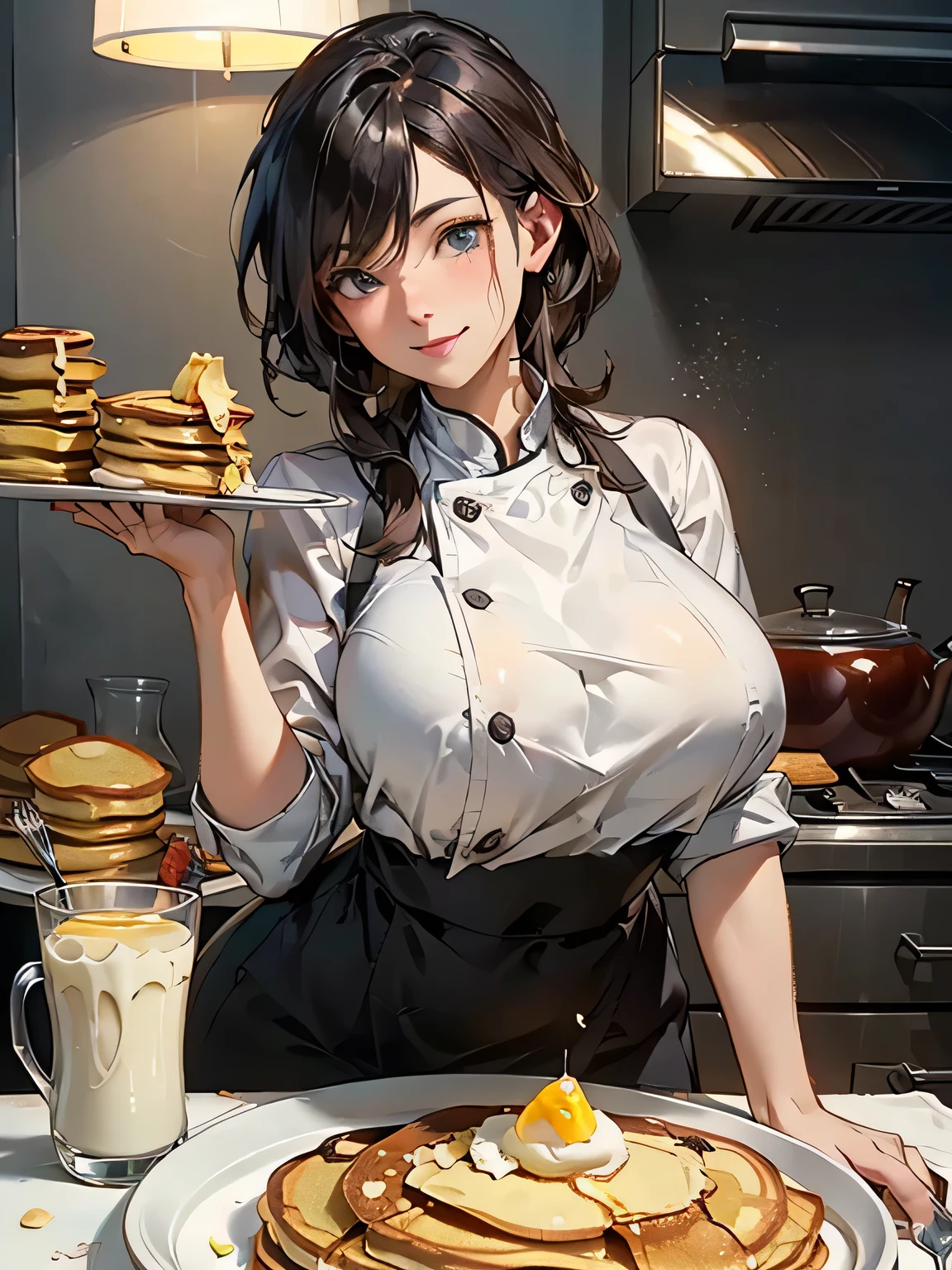 (dynamic angle:1.3, front view:1.1, breast focus:1.3, from above:1.1), (dynamic posing:1.2, sexy posing:1.2), (seductive smiling:1.3), ((holding Pasta on a plate,Taking the pasta out of the pan, worried about the outcome:1.2)),highest quality、(real、photorealistic:1.4),(ultra high resolution, 8K RAW photo, clear focus), best qualtiy, natural lighting, field depth, (Bright pupils, detailed beautiful eyes, high detailed face), Red lip, (tight focus:1.2), a girl 22yo old, Wearing a pastry chef uniform:1.3 , Thicc, thin breast, long hair, blue eyes,garter stocking, cleavage:1.2, midriff, black shorts, black thighhighs, thigh strap, pretty girl, (highly detailed beautiful face and eyes,firm breasts),real skin,((black,hair,long pony tail hair)),thin pubic hair,cute,lovely, detailed eyes,(double breasted:1.0,under bust:1.0),(with sparkling eyes and a contagious smile),open mouth, Looking at Viewer,A scene of make cooking Carbonara Pasta in the kitchen
