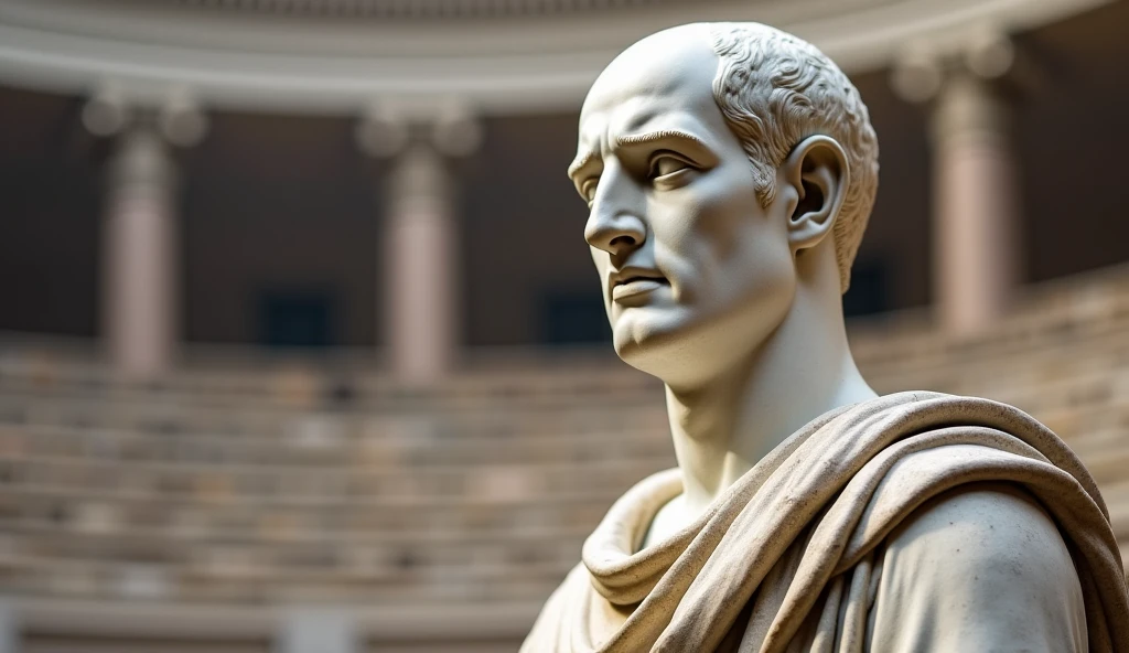 Julius Caesar delivering a passionate speech in the Roman Senate, surrounded by senators.