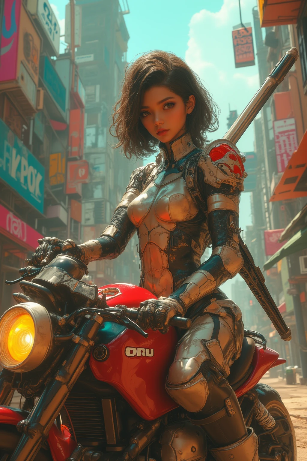 (highest quality、4k、8k、High Resolution、masterpiece: 1.2)、Super detailed、(Real、Photorealistic、Photorealistic: 1.37)、photograph、(Close-up of face from the front and side:1.7)、((A young and extremely beautiful woman))、The woman is wearing protective gear、(Ride a bike and gallop)、(Lean the bike around the corner)、(Flowing hair and flowing clothes、background、motion blur effect:1.37)、spark、incandescent lamp、Neon color、Future City、Vibrant streets、Light reflections on wet sidewalk、skyscraper、Sculptural architecture、Holographic Signage、Stylish and sophisticated design、Blurred motion of speeding vehicles、energy and excitement in the air、(Windy atmosphere)、Moonlit cityscape、xuer future motorcycle、mecha、natural breast