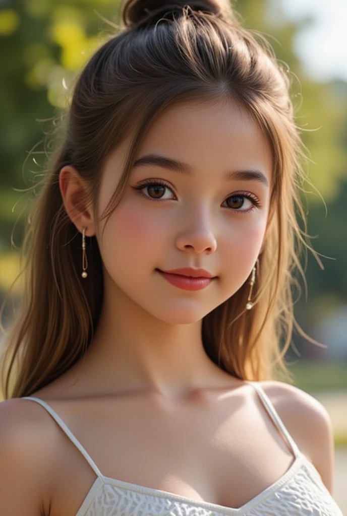 adorable, 1 girl, (face to face), 10 years old, baby face, happy, half body portrait, (face details: 1), (eye details:1), ((big breasts)). wearing transparent transparency long shirt, .. Cute posed. proportional body. Ultra High Res. realistic: 1.4, UHD, (Long Bun Hairstyle)