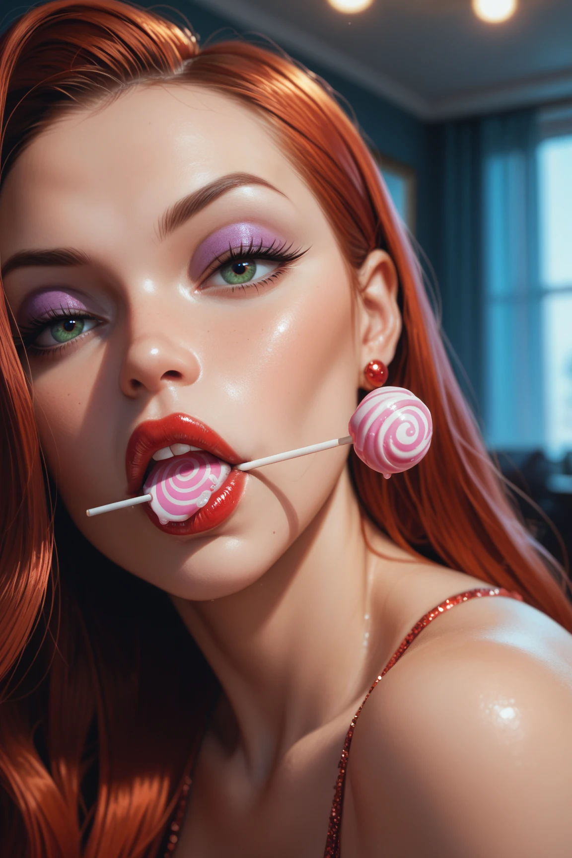 a portrait of a female vampire eating a (bloody donut: 1.3), an exotic exquisite beautiful female vampire, dynamic hair color, wavy hair, dynamic eyes color, (glowing  eyes: 1.1), intense eyes, wearing glamour silk dress, intricate detailed dress, dynamic color dress, dynamic style dress, (eating  a large donut soaked with blood: 1.3), blood dripping from the donut, dark fantasy pastry shop background,  vibrant, Ultra-high resolution, High Contrast, (masterpiece:1.5), highest quality, Best aesthetics), best details, best quality, highres, 16k, [ultra detailed], masterpiece, best quality, (extremely detailed) RAW, (ultra details, Masterpiece, best quality),   Dark Art Painting Style, Intense gaze, blood, Cinematic Hollywood Film
