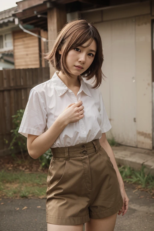 (1 woman), short bob, 18 years old, Japanese, brown eyes, brown hair, slim, (flat chest), high school girl, classroom, girl wearing white shirt, high school girl summer uniform, back view sitting on chair in classroom, (white blouse: 0.3):(see-through pastel pink bra under blouse: 0.5)