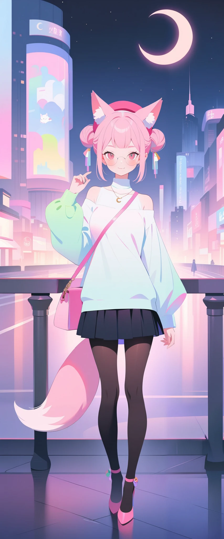 ColourfulPotr41t89,, 1girl, pink footwear, animal ears, pink hair, solo, tail, skirt, pantyhose, glasses, white sweater, crescent moon, night, animal ear fluff, sweater, hat, pink eyes, bag, black skirt, moon, hair bun, smile, beret, shoulder bag, fox tail, full body, fox ears, looking at viewer, pink headwear, high heels, sky, pink bag, night sky, fox girl, standing, pink tail, closed mouth, outdoors, handbag, cityscape, black pantyhose, long sleeves, off shoulder, city, railing, jewelry, turtleneck, shoulders, , necklace, , off-shoulder sweater, round eyewear, miniskirt, puffy long sleeves, building