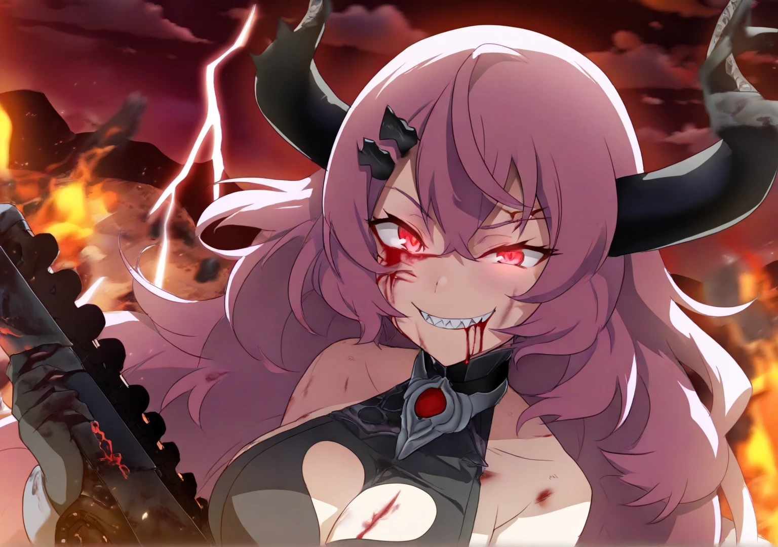 ((Highest quality)), ((masterpiece)), (detailed), （Perfect Face）、The red demon woman with the strange pale skin and red tattoos all over her body is Yuuki Asuna, with vertical pupils, light brown, semi-long hair, and a strange body.、The woman is an evil man-eating demon with horns, fangs and long claws, wearing a provocative and risqué Japanese kimono outfit and her body is that of a demon.、Night in the mountains during the Taisho period in Japan、Demon slayer