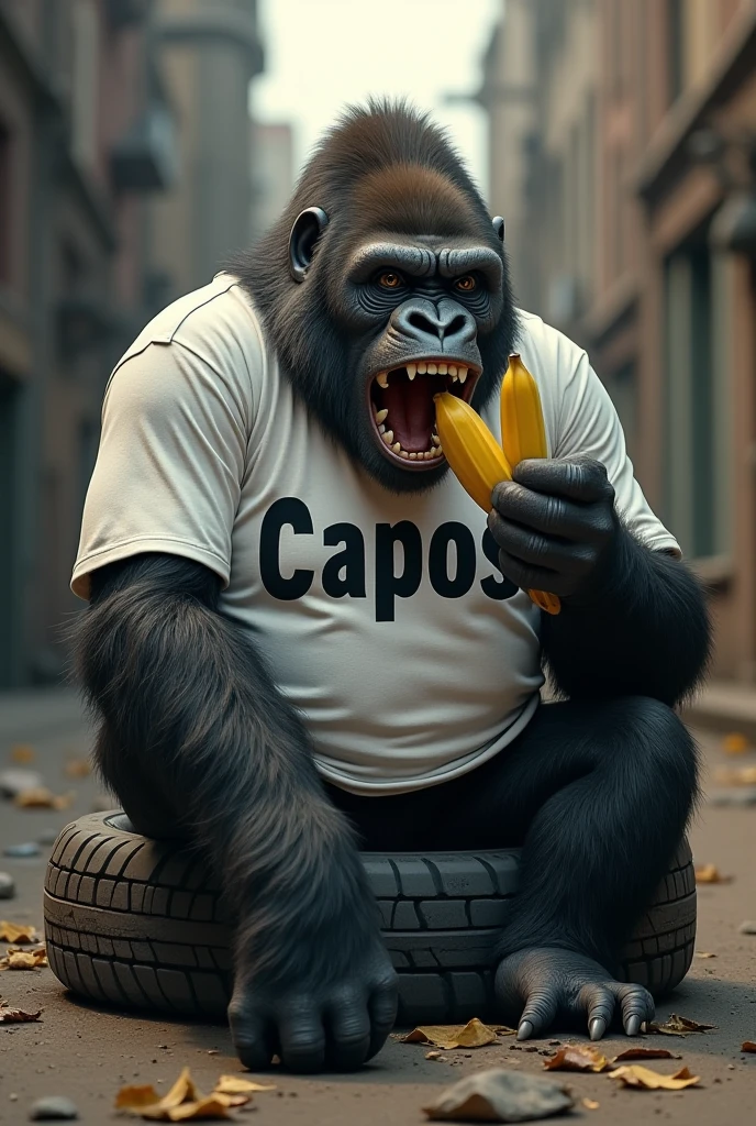 Visualize a robust and imposing gorilla, with shiny black fur, sitting in a relaxed pose.
He wears a Parintins Festival shirt, with vibrant colors and party details.
Think about some details:
Which ox does the gorilla represent?? He would be wearing the Boi Caprichoso shirt (blue and white) or Boi Garantido (red and white)?
The shirt could have the name of the festival, the year or some iconic symbol?
The gorilla could be holding a straw hat or a festival drink?
With these elements, you can imagine a fun and creative image, which represents the union of the gorilla with the Parintins Festival!