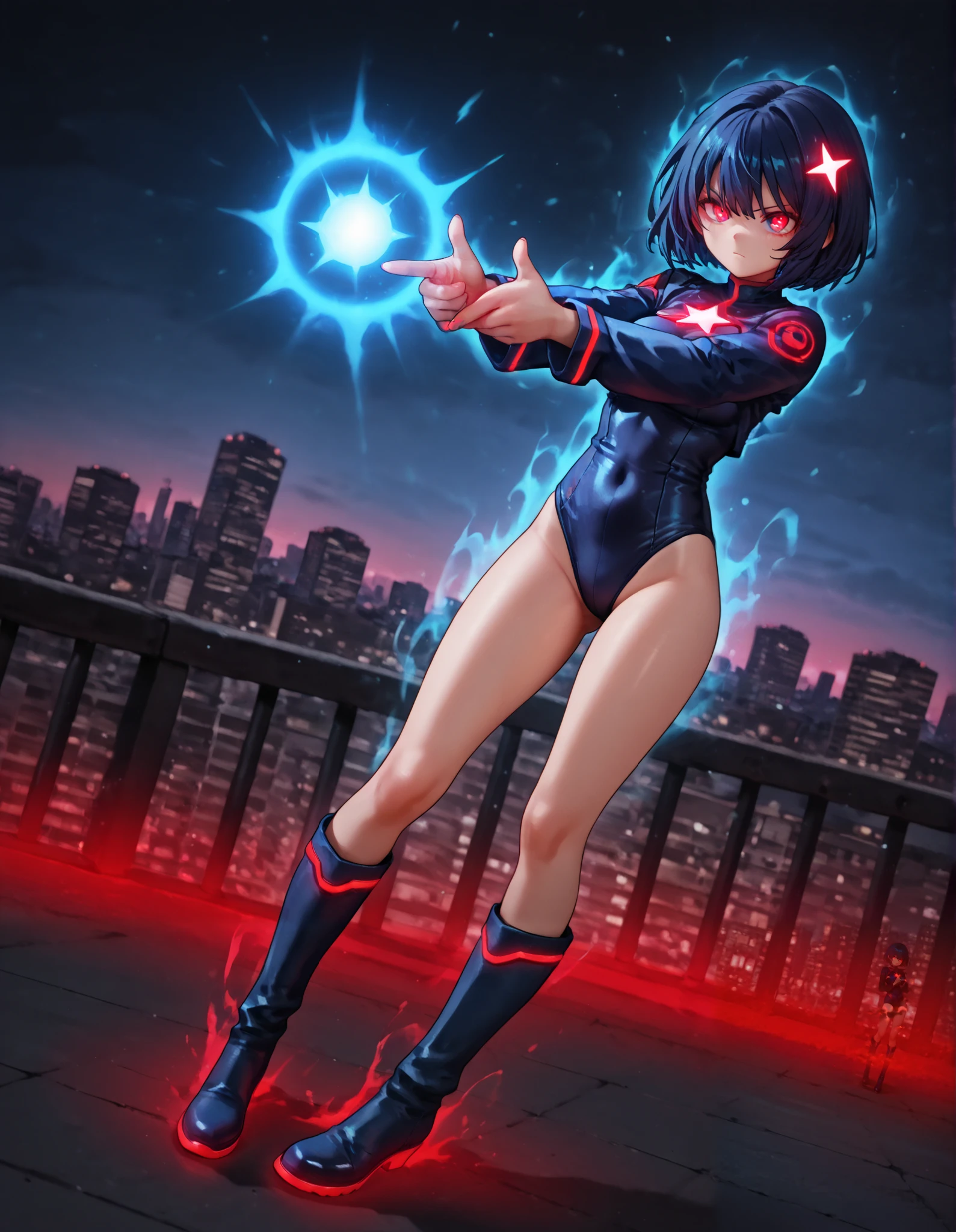 Masterpiece, Best Quality, High Resolution, highly detailed, professional, 8k, 1girl, height:158cm, superhero, (leotard, dark blue leotard, star symbol on the chest:1.2, long sleeves, bare legs, boots, knee boots:1.2, dark blue boots, matching boots), medium breasts, standing, standing straight, (dark blue hair, short hair, bob hair), blue eyes, beautiful detailed eyes, beautiful detailed face, cute face, (perfect hands, complete fingers, perfect anatomy, perfect proportions), (serious), full body with costume, (fix hands:1.3). (city skyline background, dutch angle), ((glowing red eyes:1.4)). spirit gun, finger gun, blue energy ball, aura, pointing to the side