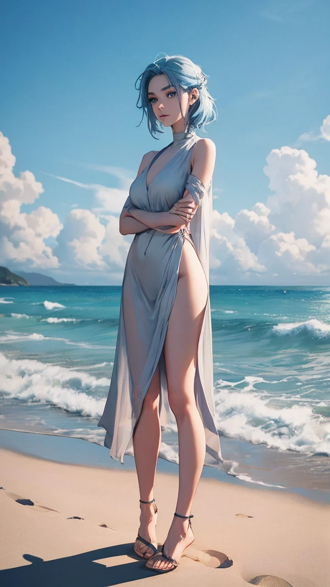 top-quality、masuter piece、ultra-detailliert、8k、Ultra-high resolution、独奏、1人の女性、sixteen years old、Cowboy Shot、a short bob、Wolfcut、T-shirt style dresses, V-neck、(((Shot with the sea in the background)))、((White sandy beach、Horizon、Blue Sea:1.2))、Great barrier reef、blue open sky、cumulonimbus clouds、Natural light、Professional Photographer、Raw photography、Photorealistic