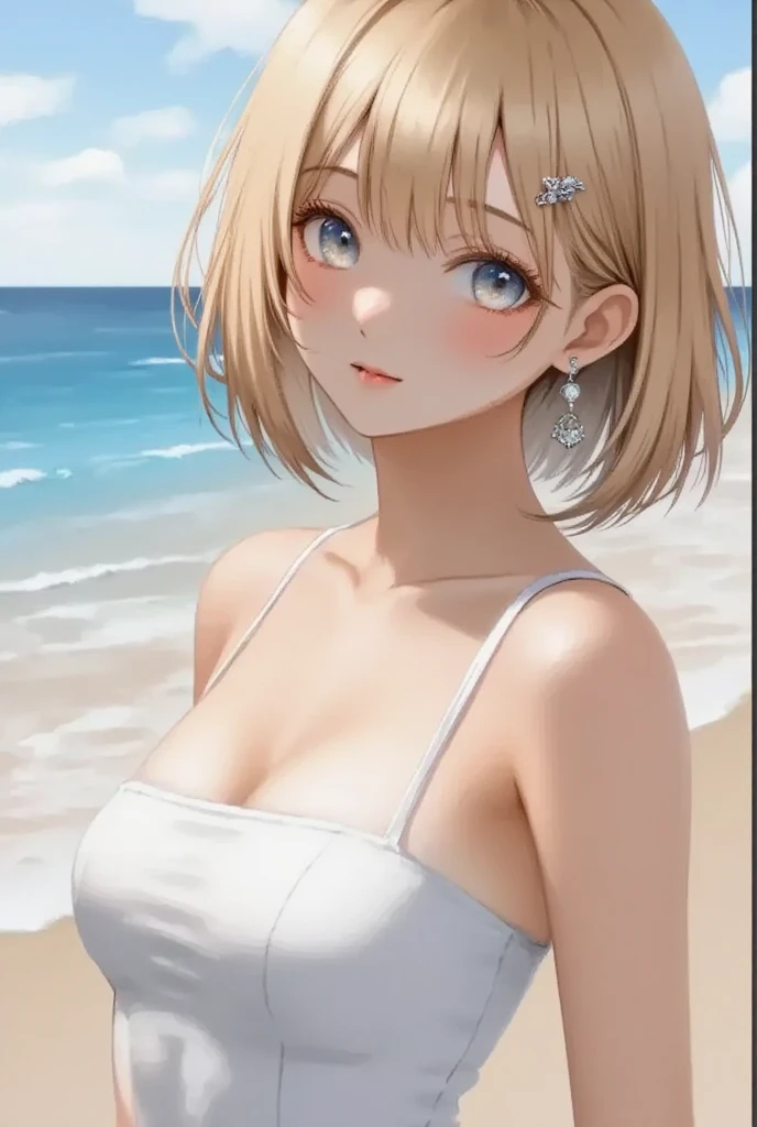 One Woman, Highest quality, masterpiece, Super Resolution, super high quality, Large Breasts, Idol, Beauty, ((From the front 1.2)), Cleavage, 8k, High resolution eyes, High-resolution contours, ((Forehead visible 1.3)), Stylish, High-resolution pupils, blush,  High resolution face, High resolution breasts, Ultra HD, Open your mouth, Upper Body, High resolution mouth, Sexy body, ((Super cool face 1.5)), ((Hanging 1.6)), Broken bangs, Yellow Eyes, model, Mature Woman, Adult women, Beautiful clavicle, High resolution hair, Mother, maternal, Underboob, Sideboob,  Married Woman, couple, super beautiful, Charm, Alluring, Open your mouth, Blonde, short hair, Textured skin, Textured Breasts, Micro Bikini, Beach, 