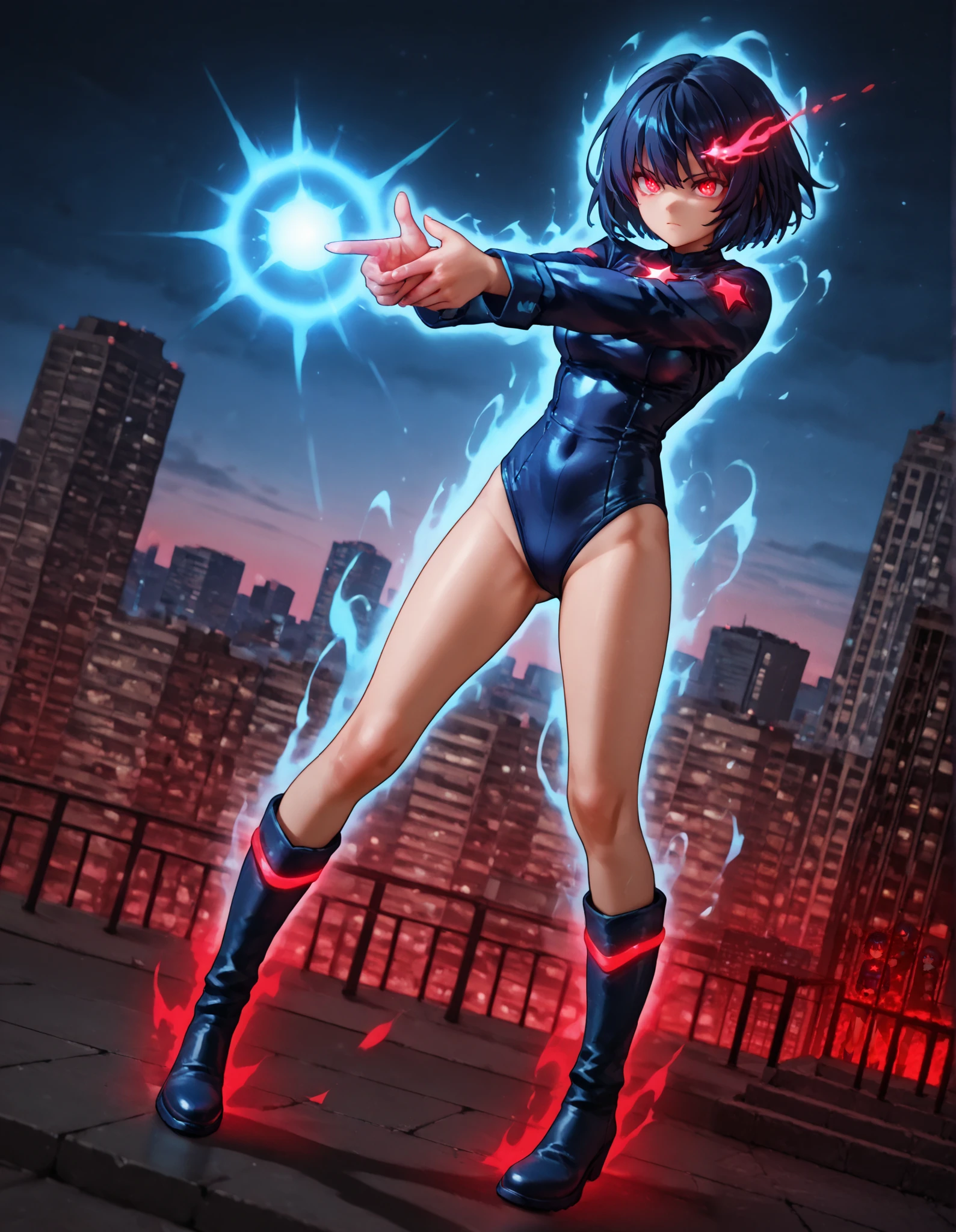 Masterpiece, Best Quality, High Resolution, highly detailed, professional, 8k, 1girl, height:158cm, superhero, (leotard, dark blue leotard, star symbol on the chest:1.2, long sleeves, bare legs, boots, knee boots:1.2, dark blue boots, matching boots), medium breasts, standing, standing straight, (dark blue hair, short hair, bob hair), blue eyes, beautiful detailed eyes, beautiful detailed face, cute face, (perfect hands, complete fingers, perfect anatomy, perfect proportions), (serious), full body with costume, (fix hands:1.3). (city skyline background, dutch angle), ((glowing red eyes:1.4)). spirit gun, finger gun, blue energy ball, aura, pointing to the side