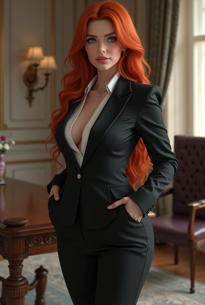 North American woman, redhead, with an open blazer, cleavage, large breasts, sensual and cheerful gaze, young