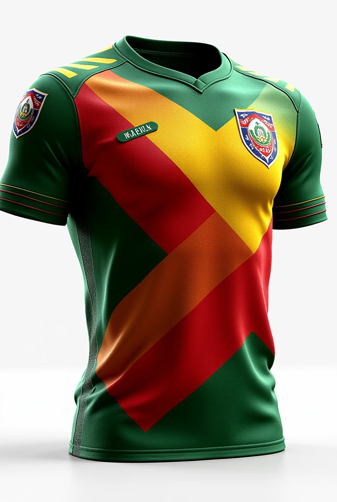Make a football jersey template where deep green and red color will mixed. Add some yellow color as well but not that much. Only few places.