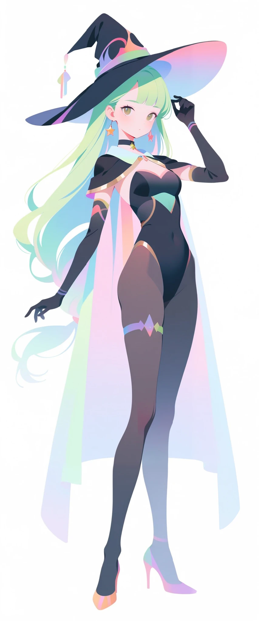 ColourfulPotr41t89,,  1girl , hat , solo , witch hat , long hair , gloves , breasts , pantyhose , leotard , full body , green hair , thighlet , black gloves , jewelry , earrings , simple background , high heels , cape , green eyes , gold trim , white background , elbow gloves , black pantyhose , looking at viewer , hand on headwear , highleg , floating hair , medium breasts , highleg leotard , very long hair , closed mouth , detached sleeves , star earrings , capelet , alternate hairstyle , covered navel , choker , bodystocking , standing