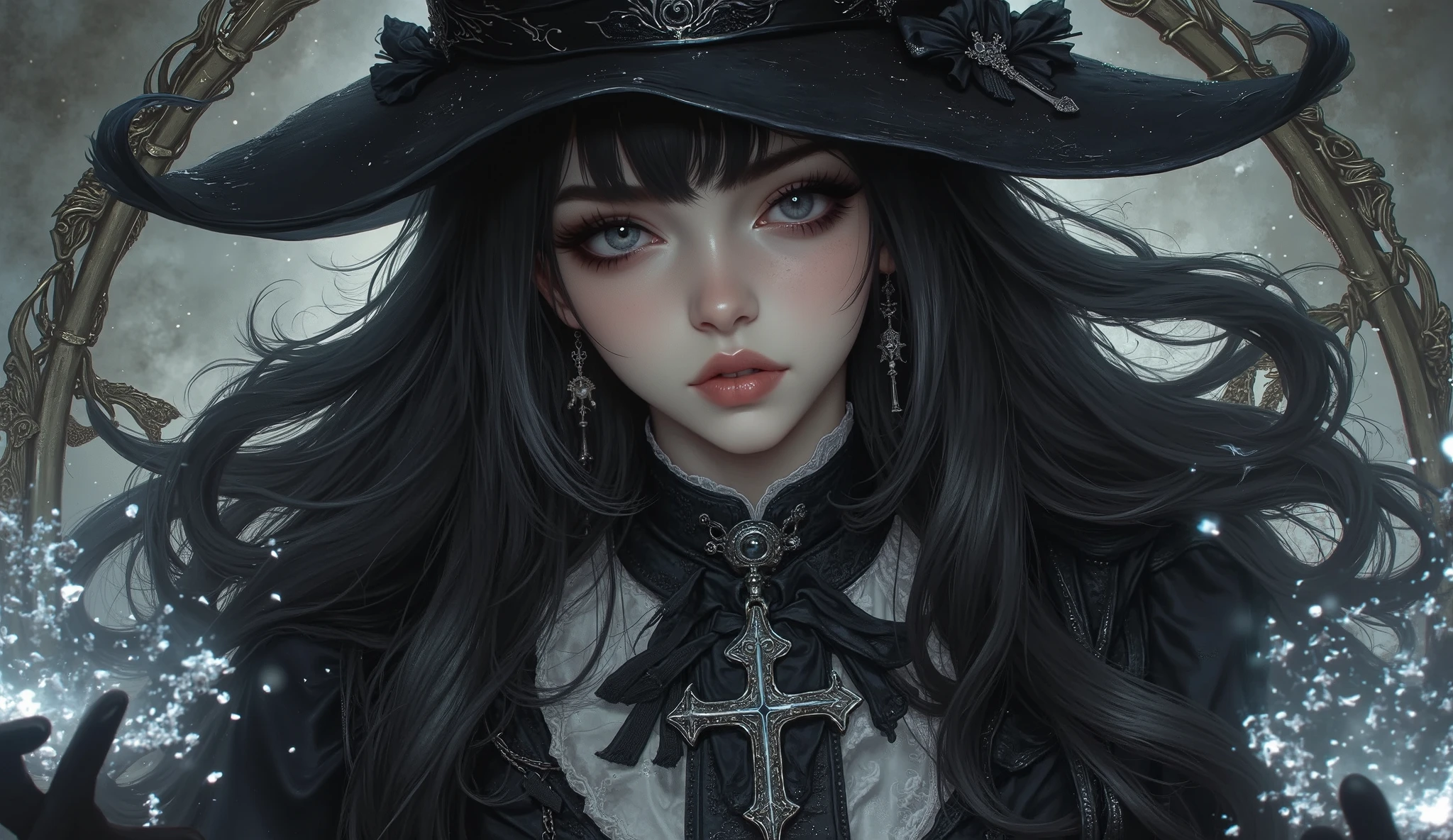Girl, Gothic style, very long hair, black and white hair color, (((((Heterochromia eyes left aye is blowing white and right eye is black:1.5))))), Fantasy charming clothes, magic element, realistic gothic background, using Magic