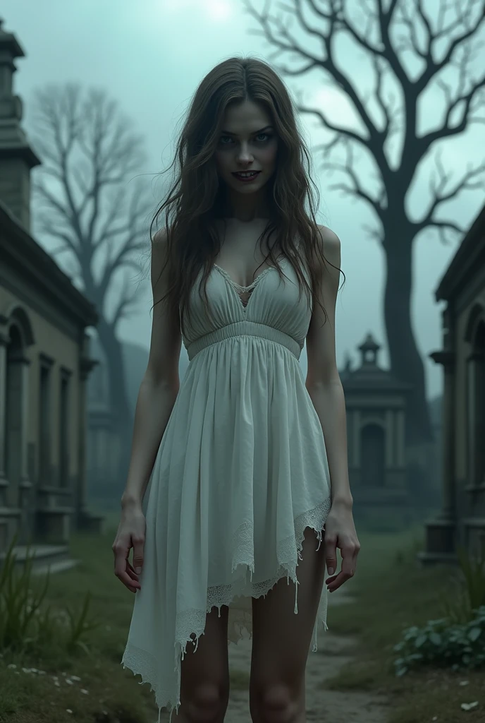 A gym girl with nude dress
and standing in graveyard