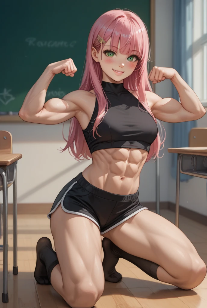 (BEST lighting) , (ultra intricately detailed) , 4K unification, (super-detailed CG: 1.2) , (8K: 1.2),(Original), (Masterpiece) , (Best quality),(Masterpiece:1.4),Anime-ish high quality,(Masterpiece),Masterpiece, Super clear picture quality,Clearer than movies,(Fine face)Best quality, absurderes,((masterpeace, 4K, 8K, Yes, A high resolution))1girll, schoolgirls,ssmile,She was in the classroom,Black school uniform,white bowties,Bow knot,Ten strong abs,Perfect body proportions,standing on your feet,Exposing the abdomen, White costume,There are bulges of dense veins on the arms,Spring, Sports boots, Perfect figure, Long anxious pink hair, Dynamic pose,Legs exposed,Strong leg muscles ((body builder:1.5)),Classroom(Beautiful bace),(Girl),(Female),(((Upper body:1)))