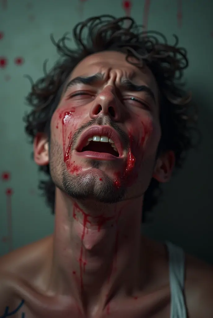 A man writhing in pain after being attacked by a stonefish. His face contorted in agony, sweat dripping down his forehead, and blood seeping from the wound. The detailed painting captures the moment of impact, showing the sharp spine of the stonefish piercing the man's foot. The vivid colors and intricate brushstrokes bring the scene to life, evoking a visceral reaction in viewers. The artist skillfully conveys the sheer intensity and distress of the situation, creating a captivating and powerful image.