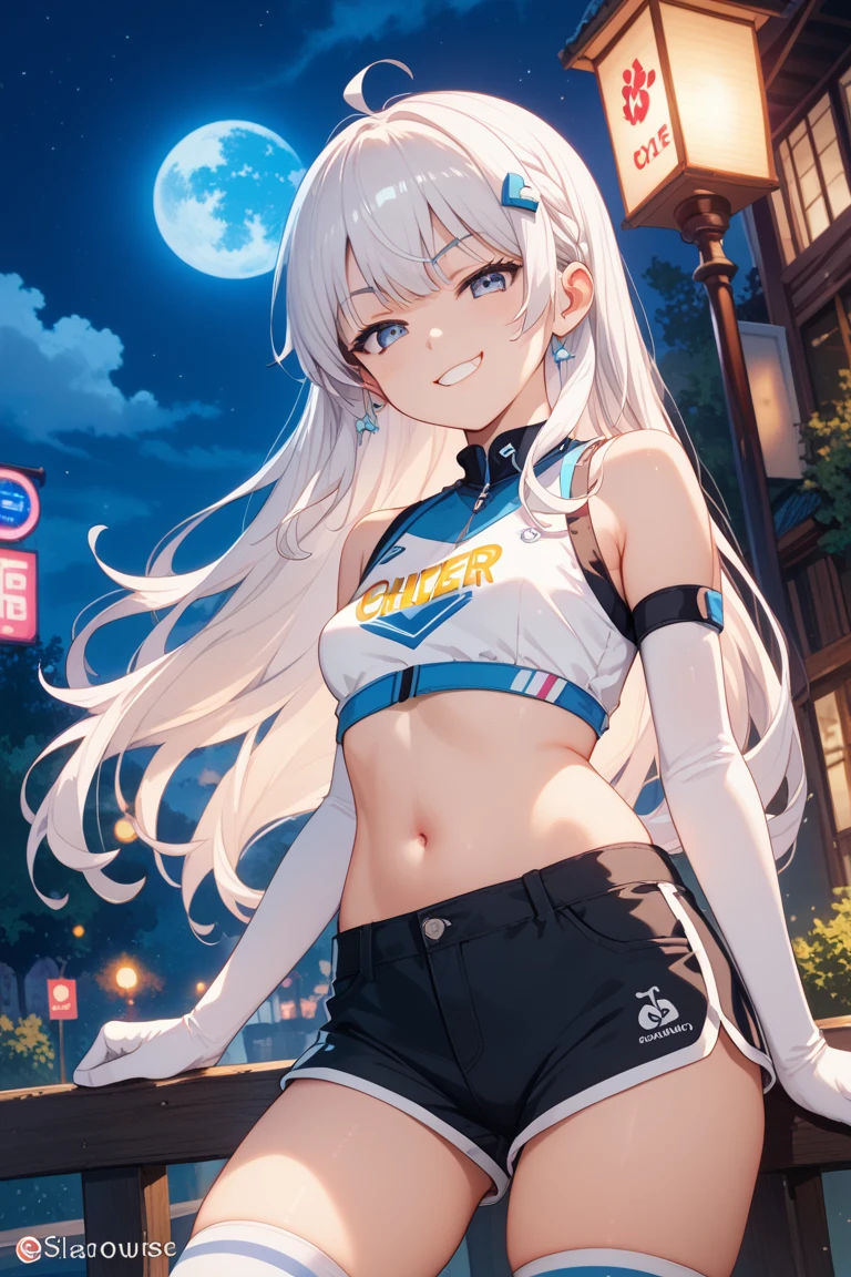 Cheerleader, cute woman, holding down a katana, big smile, expressive, simple nightscape, confident smile, ultra detailed face, better quality, perfect eyes Blue, glowing eyes, long eyelashes, sharp eyes, ultra detailed face, ultra long hair, ultra detailed hair, ultra detailed hair strands, catwalk, walking down the streets, night, starry Sky, ultra detailed lips, Red lips,
