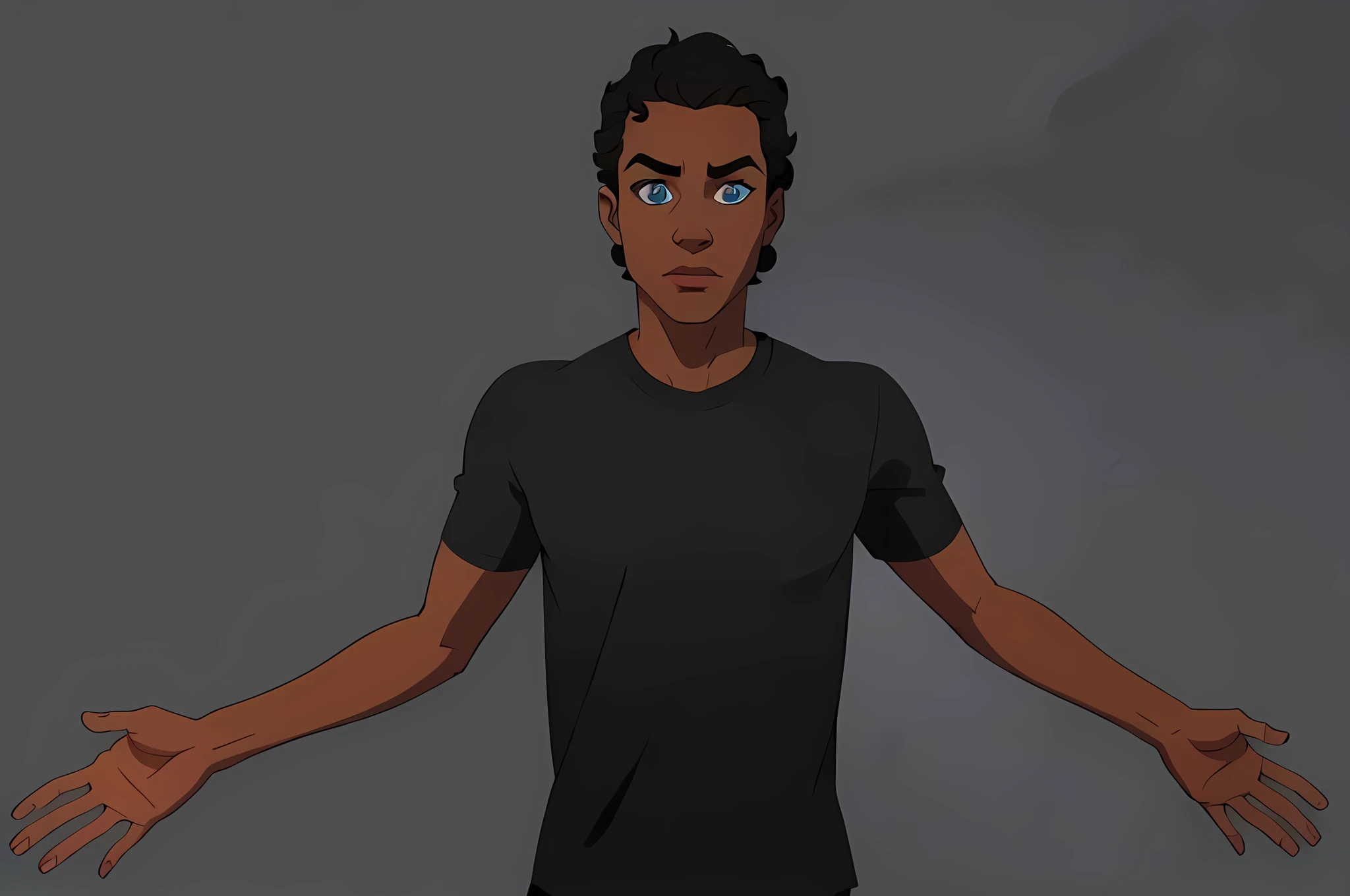Bill-Blue
A black ager, black curly hair, wearing a black shirt, Blue eyes