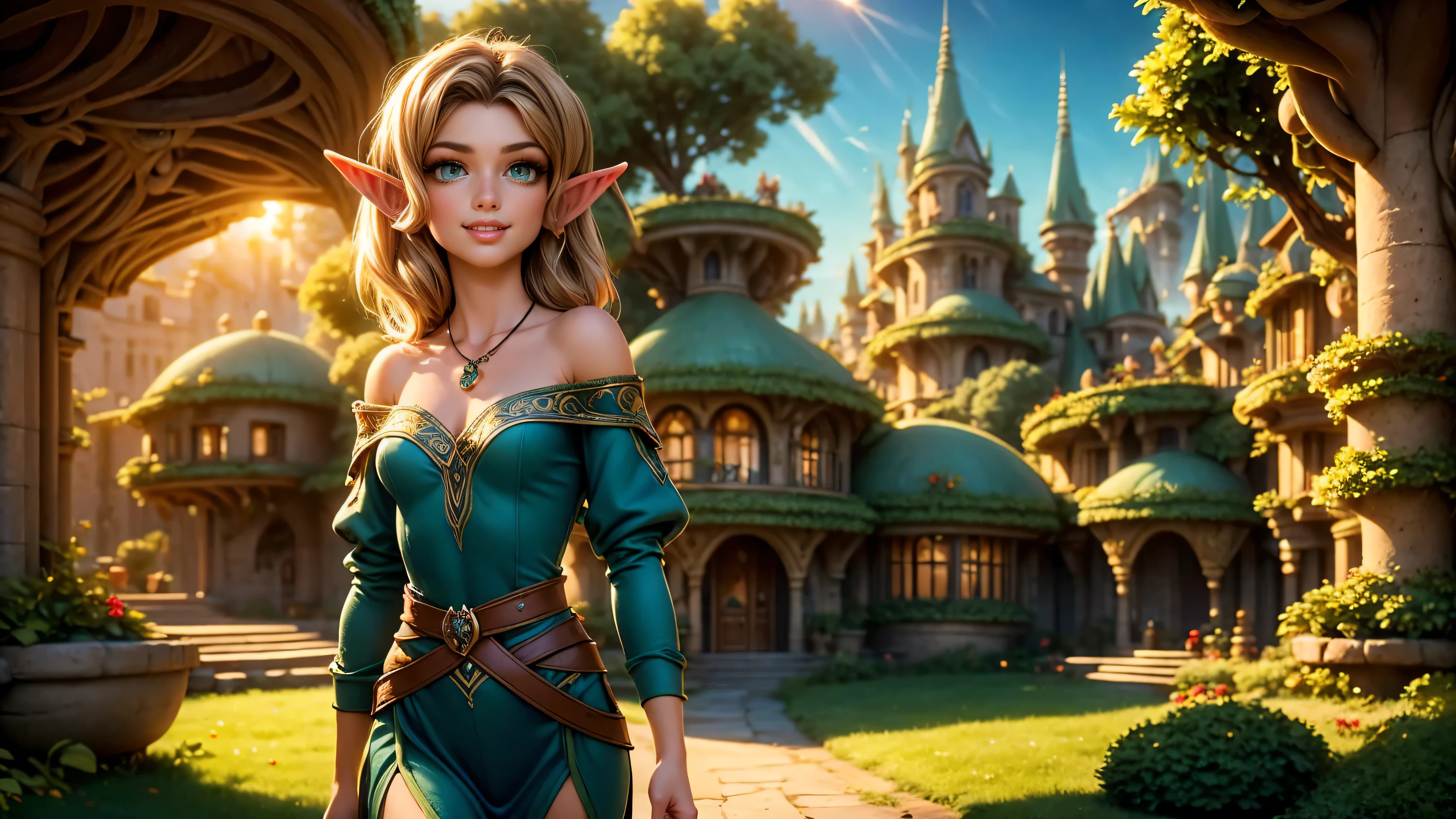 ((1girl)), ((solo)), ((young woodland warrior elf girl)), ((walking through an elf village)), ((male elves turning to look at her)), ((elf girl focus)), ((long dark hair)), ((small ears)), ((round breasts)), thigh-highs, formfitting eleven clothes, tight clothes,  ((looking at viewer)), ((green eyes)), ((beautiful day)), ((smiling)), Perfect body, beautiful, young, tempting, alluring, jewelry, necklace, off shoulder, ((skinny)), ((petite)), ((small)), flirting with camera, Best Looks, ((fantasy castle in the background)), beams of sunlight, fantasy