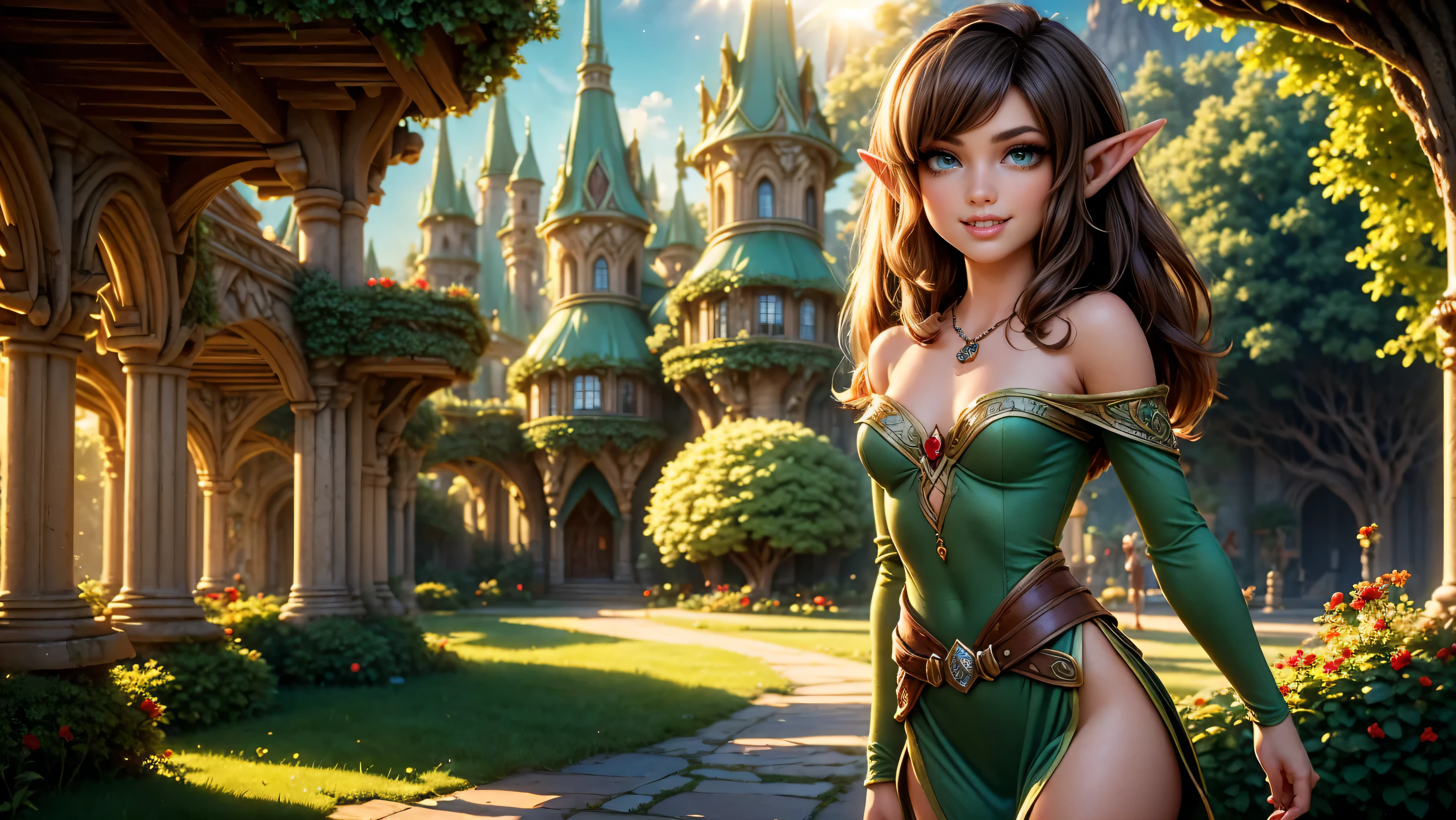 ((1girl)), ((solo)), ((young woodland warrior elf girl)), ((walking through an elf village)), ((male elves turning to look at her)), ((elf girl focus)), ((long dark hair)), ((small ears)), ((round breasts)), thigh-highs, formfitting eleven clothes, tight clothes, ((looking at viewer)), ((green eyes)), ((beautiful day)), ((smiling)), Perfect body, beautiful, young, tempting, alluring, jewelry, necklace, off shoulder, ((skinny)), ((petite)), ((small)), flirting with camera, Best Looks, ((fantasy castle in the background)), beams of sunlight, fantasy