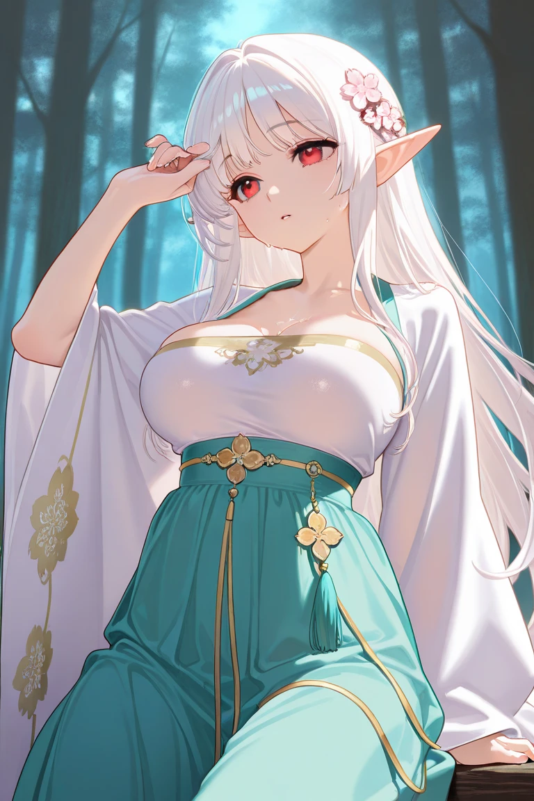In an 8K masterpiece of unparalleled quality, an anime woman of mature elegance takes center stage. This woman is an elf, her long, white hair flowing softly around her delicate face, adorned with silver earrings and piercings. Her mature features are emphasized by a glossy lipstick, and her captivating, white eyes, with their delicate slits, are filled with sadness and depression. Her clothes are a kimono, a white princess dress that is low-cut, revealing silver details that shimmer under the wintery light. The dress, a celestial kimono, is adorned with intricate silver details and has long sleeves that emphasize