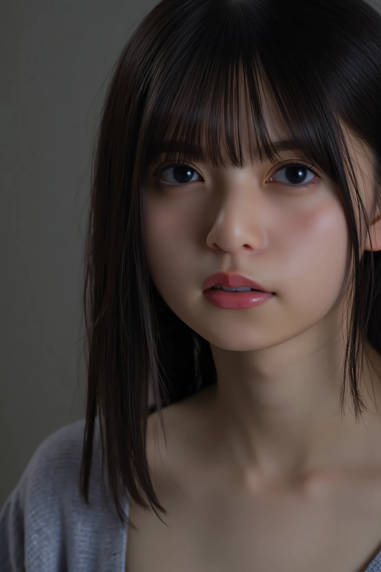 ((( High Resolution , top quality, very well detailed, masterpiece , highly detailed photos , realistic , Real people , Ultra precise skin ))) , , ( from the side ) , upper body , Advance Shot , ( giggle face ) , { wearing the virgin killer sweater ( detail : backless and side less outfit } , black hair , medium hair , medium breasts , focus on the face and chest , (( tuck hair behind the ear : 1.8)) , { nsfw } , In the gloomy room