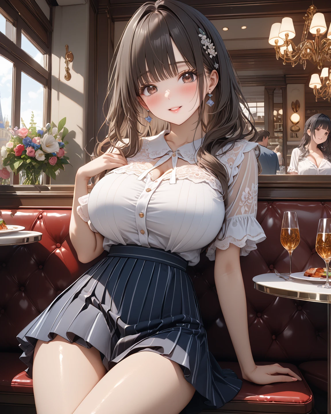 (((masterpiece, Highest quality, High resolution, 超High resolution, Perfect Pixel, Depth of written boundary, 4K, RTTX 10.0))), Beautiful Anime Women, Beautiful art style, Anime characters, ((Smooth texture, Realistic texture, Anime CG Style)), Exact finger count、Exact number of legs、(Exact number of arms:1.0, Exact number of hands:1.0), (Perfect hands, Perfect Anatomy), Cinematic, Realistic, Extremely detailed CG, Daytime lighting, Perfect lighting, Best Shadow, The best natural light, whole body, Perfect body, バランのとれたPerfect body, Perfectly balanced style, (Slender body:1.2), ((Long Hair, bangs, Reddish brown hair, Stylish hairstyle)), ((A cute woman stands with her hands in her panties:1.8)), (Put one hand in your panties:1.8), (fingering:1.8), (pussy juice:1.5), ((Bow tie around neck, High heels:1.3), (Sexy and cute white underwear:1.3), (Stylish shiny white satin panties, Side-tie panties, Panties with plain white center and black lace on the sides:1.3), (Thin panties:1.3), (White micro lace satin bra, White bra with black lace trim, Thin bra:1.3), (garter belt, Knee socks:1.3):1.3), (Beautiful big , Cleavage:1.1), (Embarrassed expression:1.4), blush, (sexual pleasure expression:1.5), (The expression of someone who is holding in the toilet:1.4), (Look up, Mouth half open, Half-close your eyes:1.2), (Stylish cafe, amusement park, A busy store, Chair, table, Outdoor:1.3), naked, In underwear, Waitress in underwear, (Frilly maid-like headband:1.2), whole body, Angle from the front, chizuru