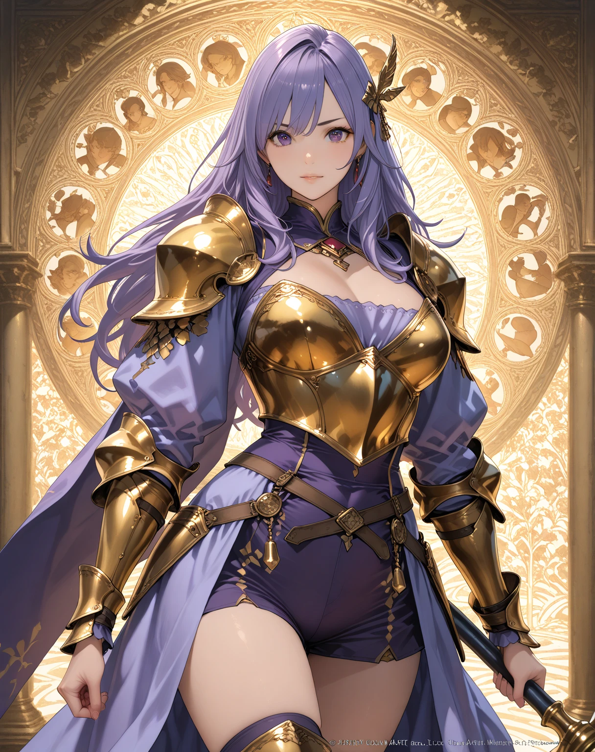 Characters' expressions: fierce and mighty, with pride and confidence in their eyes.
Hairstyle and color: long dark purple hair, with tidbits in the tidbits, like a pegasus in the purple sky, looks extremely gorgeous.
Clothing style and color: wearing heavy armor, purple armor inlaid with gold patterns, looks very spectacular.
Accessories on the figure: a purple neckband and an amethyst bracelet, shining like the star of Chongyu.
Character pose: Holding a purple gold iron gun, standing on a towering tower, overlooking the entire city.
Location: Vast city, with a castle in the center, and on the tower of the castle, the female emperor stands.
Atmosphere: solemn and solemn
Environmental characteristics: the city is paved with iron tools, the flow of people is sparse, and the air still flows with an indescribable sense of solemnity.
Ambient time: Dusk