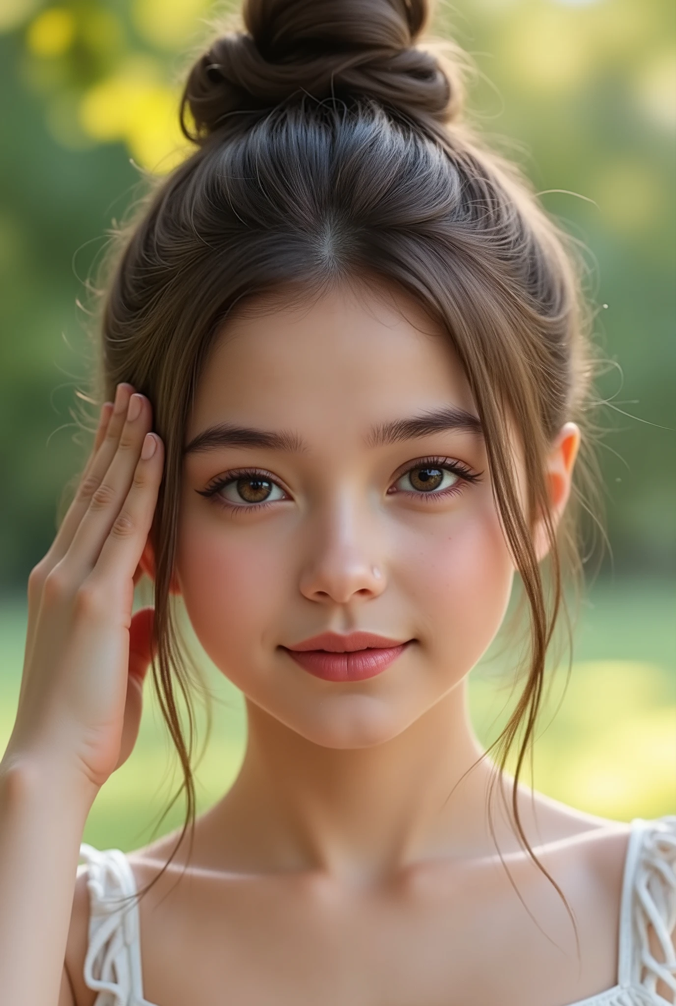 🌟 :
"high resolution, photorealistic, with natural lighting and soft transitions. professional quality, like modern fashion photography."
🌌 :
"outdoor shots at various locations: 1) A sunny park with blooming trees in the background, 2) an urban street covered with graffiti walls, 3) a beach at sunset with soft waves in the background, 4) a mountain landscape with a foggy forest."
😈 :
"An 18-year-old girl with flawless skin and expressive features. different haircuts: 1) open, straight hair, 2) curly waves, 3) an elegant updo, 4) a half-open bun with loose Stretch. She wears minimal makeup, that accentuates her natural beauty."
🔥 :
"Different emotions and perspectives: 1) A smiling look directly at the camera, 2) a thoughtful look to the side, 3) a playful look up, 4) an intense look with lips slightly open. The pose is natural, with a slightly tilted head or a hand, that gently touches the hair."