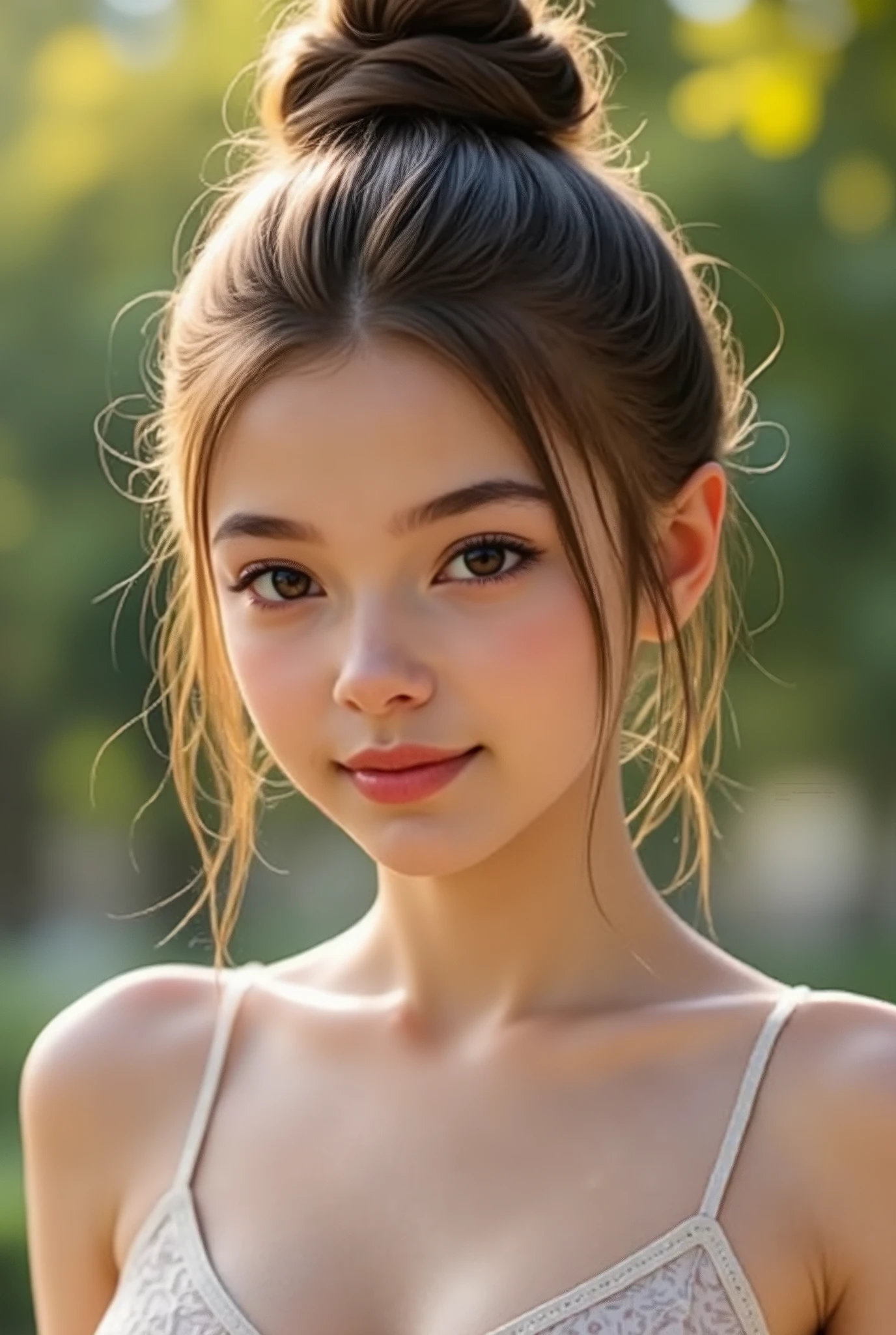 🌟 :
"high resolution, photorealistic, with natural lighting and soft transitions. professional quality, like modern fashion photography."
🌌 :
"outdoor shots at various locations: 1) A sunny park with blooming trees in the background, 2) an urban street covered with graffiti walls, 3) a beach at sunset with soft waves in the background, 4) a mountain landscape with a foggy forest."
😈 :
"An 18-year-old girl with flawless skin and expressive features. different haircuts: 1) open, straight hair, 2) curly waves, 3) an elegant updo, 4) a half-open bun with loose Stretch. She wears minimal makeup, that accentuates her natural beauty."
🔥 :
"Different emotions and perspectives: 1) A smiling look directly at the camera, 2) a thoughtful look to the side, 3) a playful look up, 4) an intense look with lips slightly open. The pose is natural, with a slightly tilted head or a hand, that gently touches the hair."