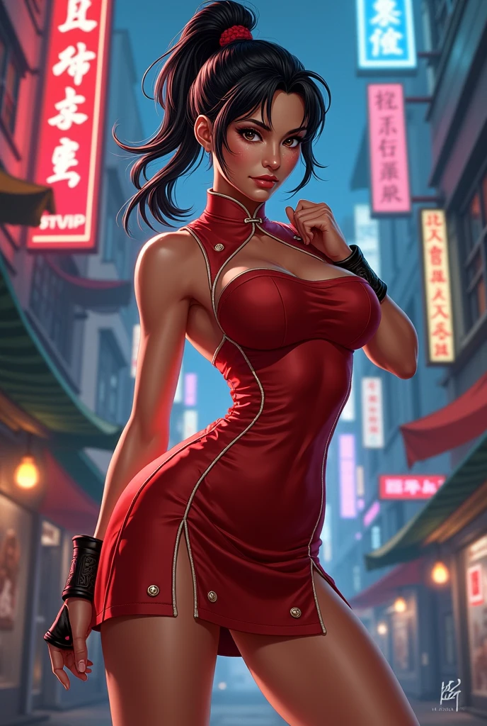 A captivating retro-inspired portrait of a confidence exuding African-American chibi-style female character. Her busty figure is accentuated by her tight-fitting vivid red outfit, and she holds a detailed AK47 with a firm grip, radiating determination. Her eyes, vibrant and insanely realistic, draw the viewer in, while her bold expression leaves a lasting impression. The background features a breathtaking sunset sky filled with warm oranges, reds, and yellows transitioning into a deep, dark black, creating a striking contrast. In the distance, the silhouette of traditional Japanese architecture adds depth and cultural significance, making the scene a truly memorable masterpiece., architecture, vibrant, portrait photography