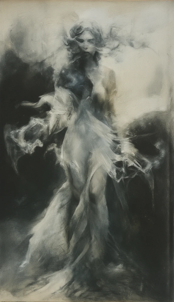 A blurred, grainy black and white photograph of an ethereal figure with multiple arms dancing gracefully in the dark. The motion blur adds to her otherworldly appearance as she floats above ground. Her skin is pale matte white against the stark background, creating a sense of mystery and surrealism.