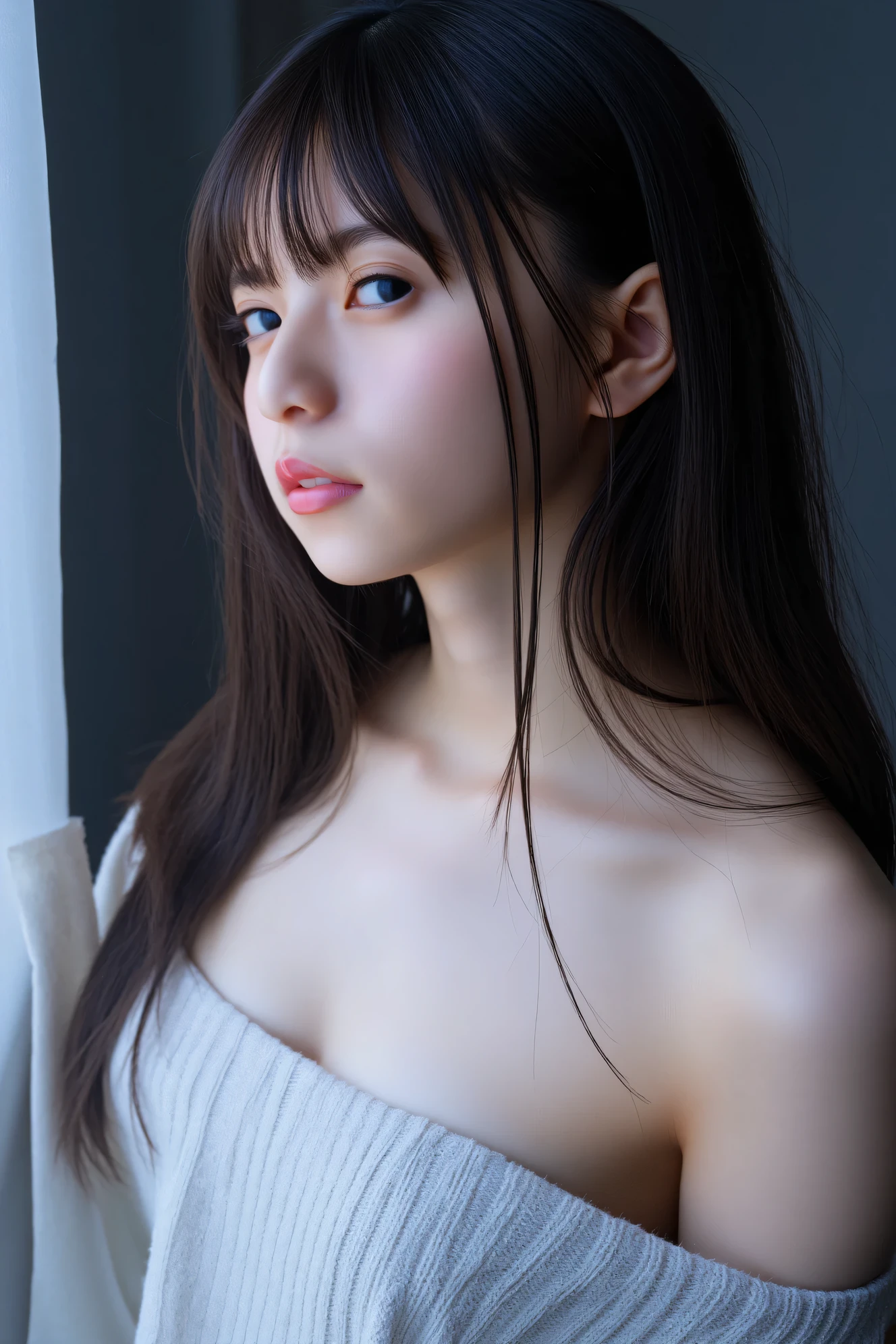 ((( High Resolution , top quality, very well detailed, masterpiece , highly detailed photos , realistic , Real people , Ultra precise skin ))) , , ( from the side ) , upper body , Advance Shot , ( giggle face ) , { wearing the virgin killer sweater ( detail : backless and side less outfit } , black hair , medium hair , medium breasts , focus on the face and chest , (( tuck hair behind the ear : 1.8)) , { nsfw } , In the gloomy room