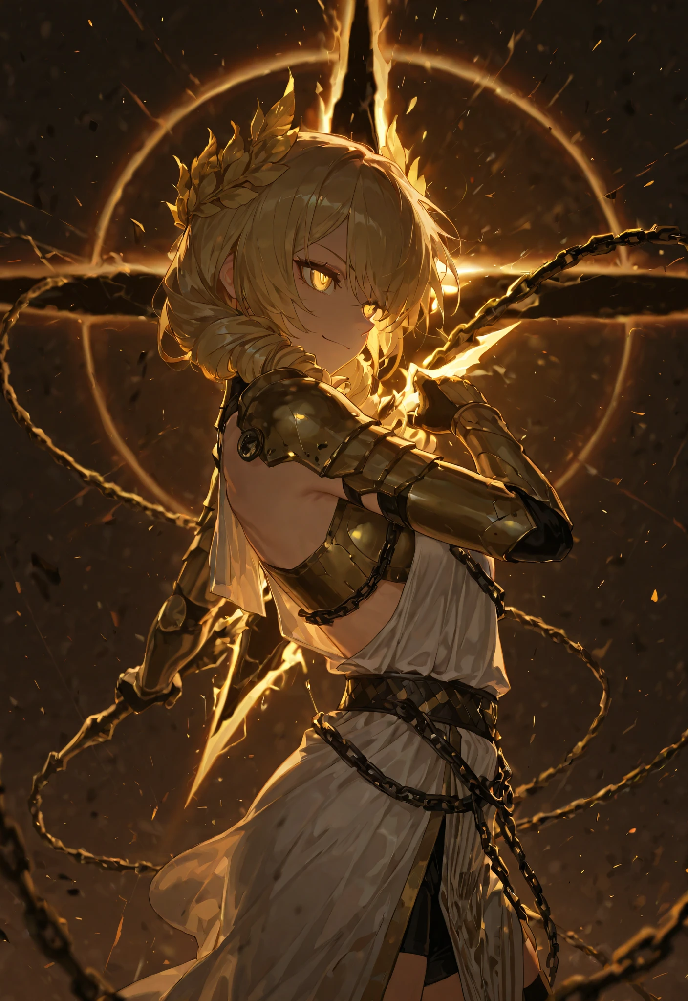 by [arknights|(748cmstyle:0.5)], mature, young adult, masterpiece, best quality, amazing quality, very aesthetic, high resolution, ultra-detailed, absurdres,
1girl, woman, solo, alone,(side eye, dynamic pose, upper body focus, side view, cowboy shot:1.2), Bron, Fol003, Br_Dmb, bronya zaychik, high-tech aesthetics, golden hair, golden eyes, quantum eyes, ancient greek clothes, greco roman clothes, laurels, composite armor, black hole sword, smirk, serious, tsurime, alternate black bow, twin drills, cyber samurai, floating drones, drone guns, sci fi, sleek stealth armor, digital storm, hacking storm, digitalization, whipsword, chain whip, digital whip, storm whip,
BREAK, depth of field, volumetric lighting
 