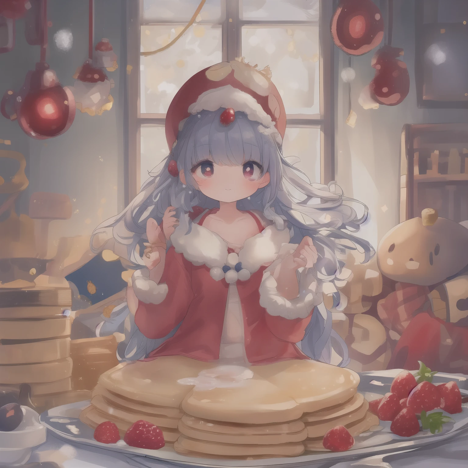 A tall stack of fluffy, golden pancakes sits at the center of a rustic wooden table, bathed in warm morning light filtering through a window. Maple syrup slowly drips down the edges, forming sweet puddles on the plate. A dusting of powdered sugar glistens like fresh snow, while a dollop of butter lazily melts on top. Around them, berries sparkle like little jewels: raspberries, blueberries, and strawberries add vibrant colors to the scene. The whole thing exudes a sense of pure comfort and temptation.