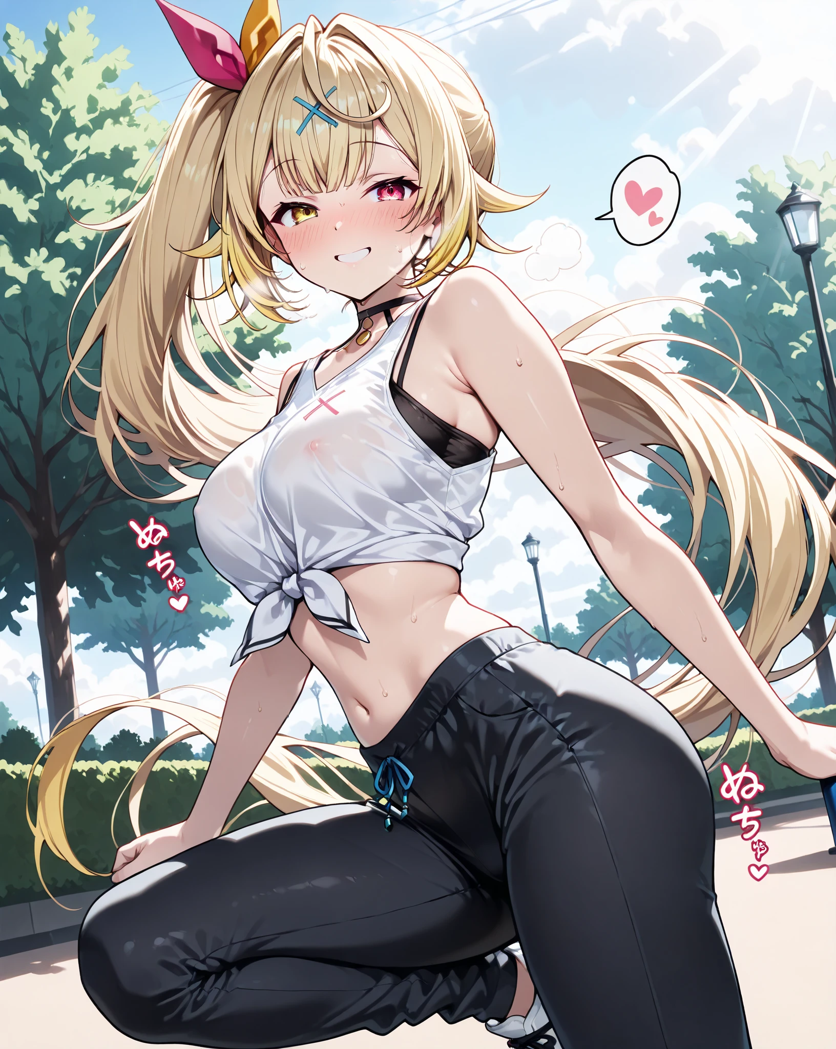 Marisa Drizzle、yellow sportswear、Sweat、High precision、highest quality、high resolution、beautiful、cute、long blonde hair、yellow eyes、ponytail、small breasts、Whistle、Sweatが垂れる、Grinning、Lift a large dumbbell with one hand、put one hand on your waist、training