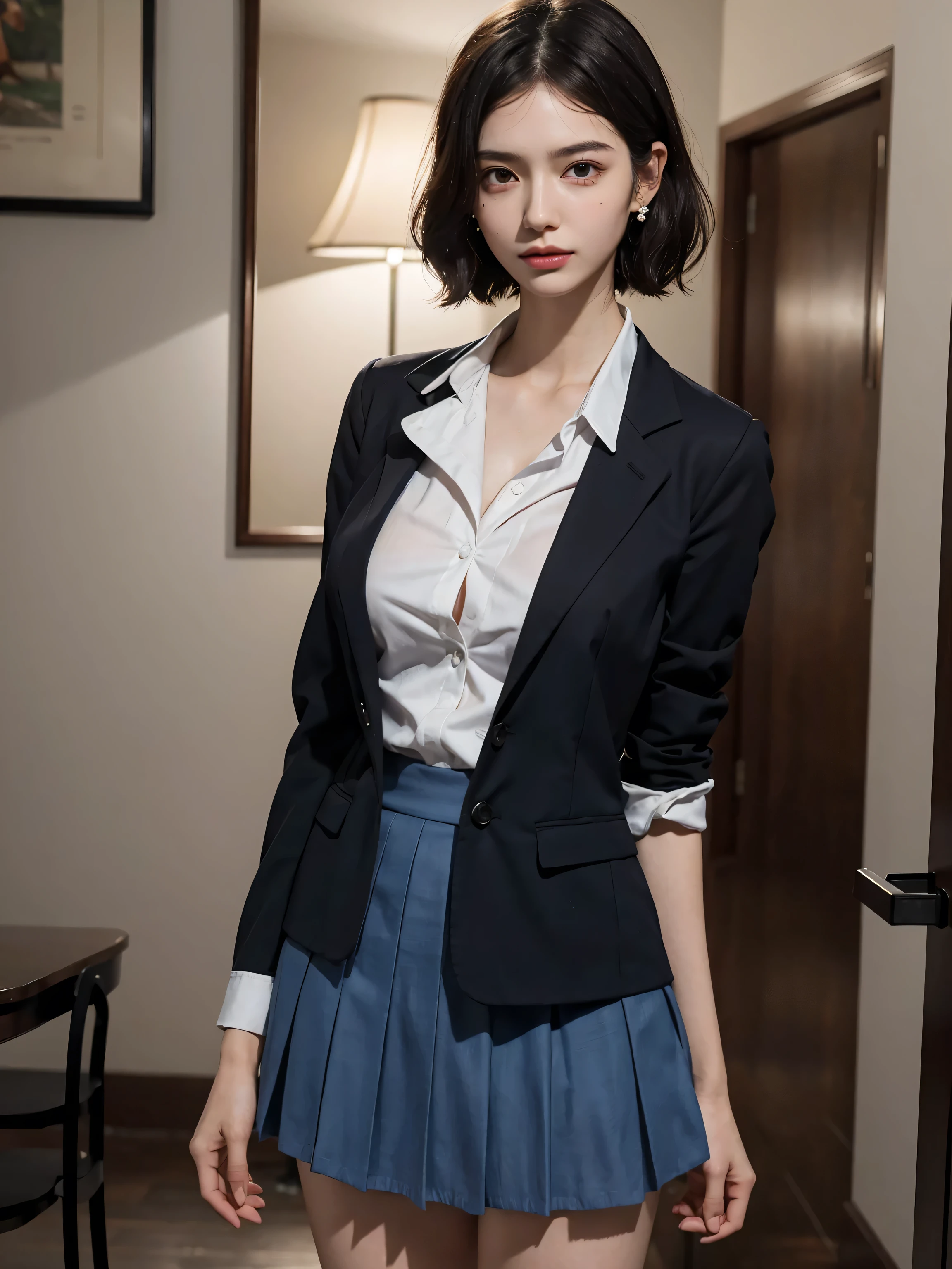 absurdres, RAW photo, extremely delicate and beautiful, masterpiece, Best Quality, ultra high resolution, 32k, hyperrealistic, ultra-detailed, perfect anatomy, perfect figure, super Detailed skin, Very detailed CG 8k wallpaper, in her 30s, very Slim body, narrow waist, very small head, very small face, delicate facial features, tearful mole, earring, thin legs, (very huge round breasts:1.2), full body shot, 1 girls, short hair, (wavy hair:1.2), wet clothes, (School uniform:1.2), Skirt, Blazer,