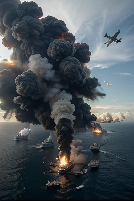 "Create a dynamic visual portraying the tumult of a naval skirmish in the Red Sea. Illustrate the scene with towering American vessels ablaze, under the onslaught of Tomahawk missiles. Above, fighter jets streak across the sky, while Iranian and Yemeni ships unleash their own barrage. Convey the ferocity and devastation of the encounter, with explosions and billowing smoke engulfing the atmosphere. Emphasize the clash between the diverse forces engaged in the conflict, capturing images from the perspective of fighter jets for added intensity."