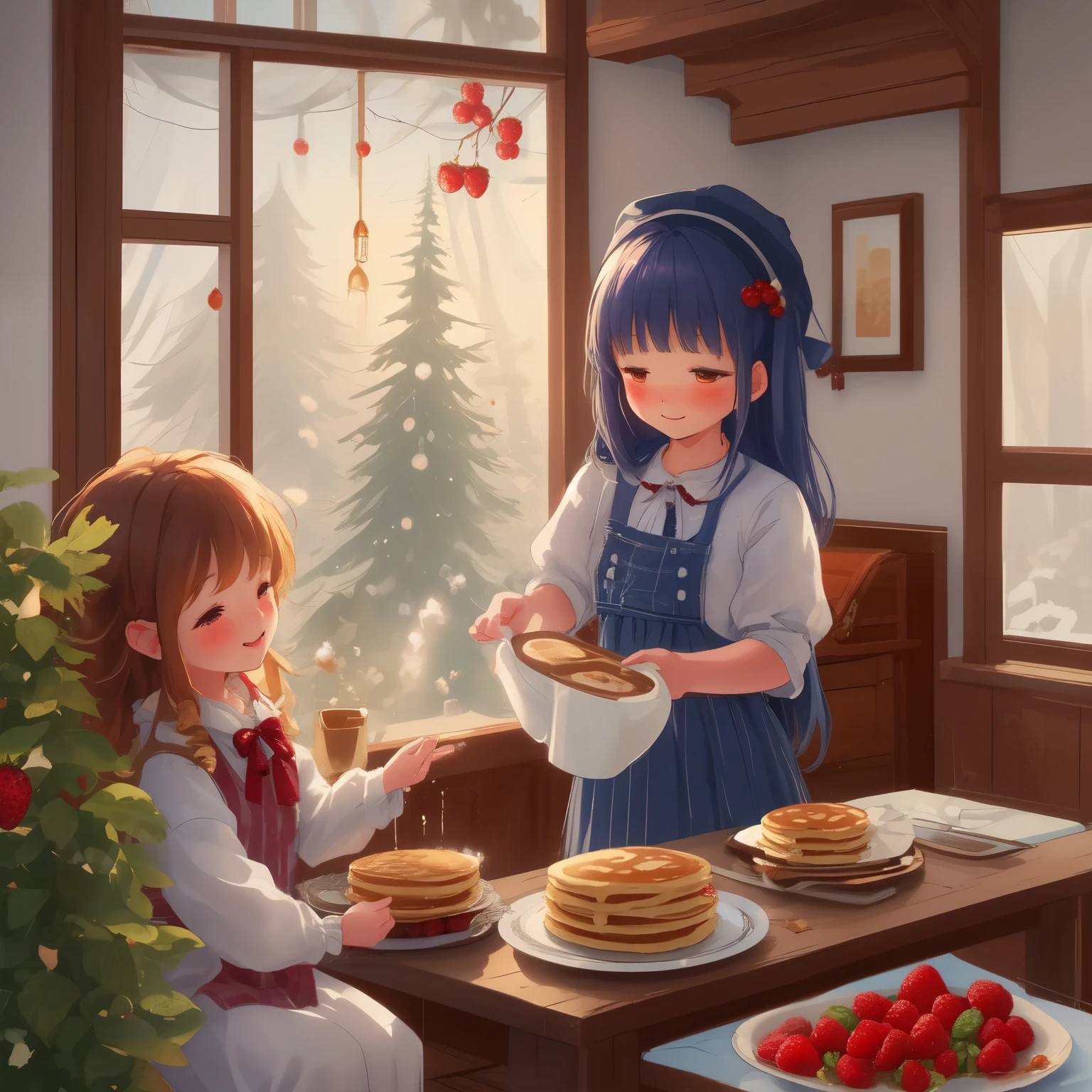 A tall stack of fluffy, golden pancakes sits at the center of a rustic wooden table, bathed in warm morning light filtering through a window. Maple syrup slowly drips down the edges, forming sweet puddles on the plate. A dusting of powdered sugar glistens like fresh snow, while a dollop of butter lazily melts on top. Around them, berries sparkle like little jewels: raspberries, blueberries, and strawberries add vibrant colors to the scene. The whole thing exudes a sense of pure comfort and temptation.
