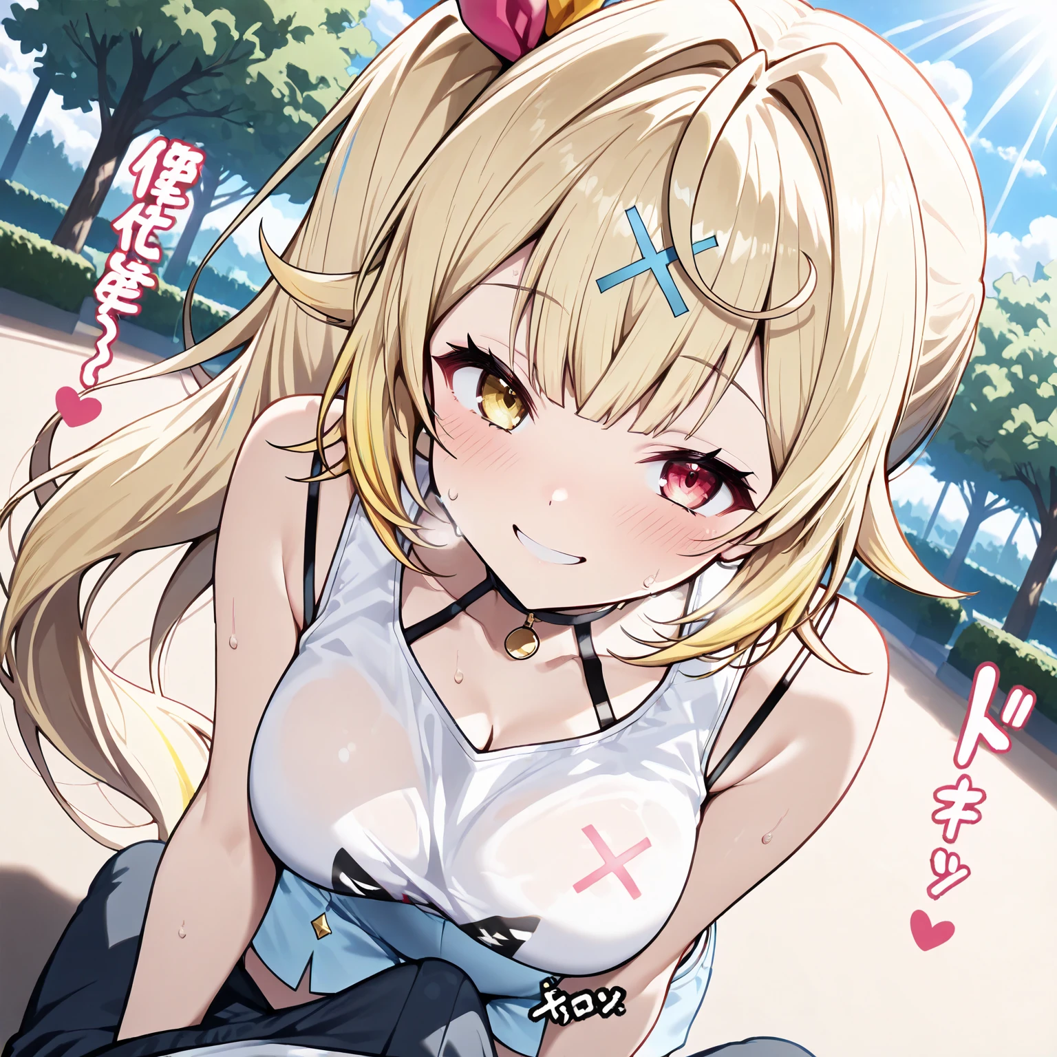 (8k、Highest quality、Highest quality、masterpiece)、Detailed face、One Girl、 Blonde、Plump body,Look down on me、Open your mouth,From below,Wicked Smile、((grin:1.3))、