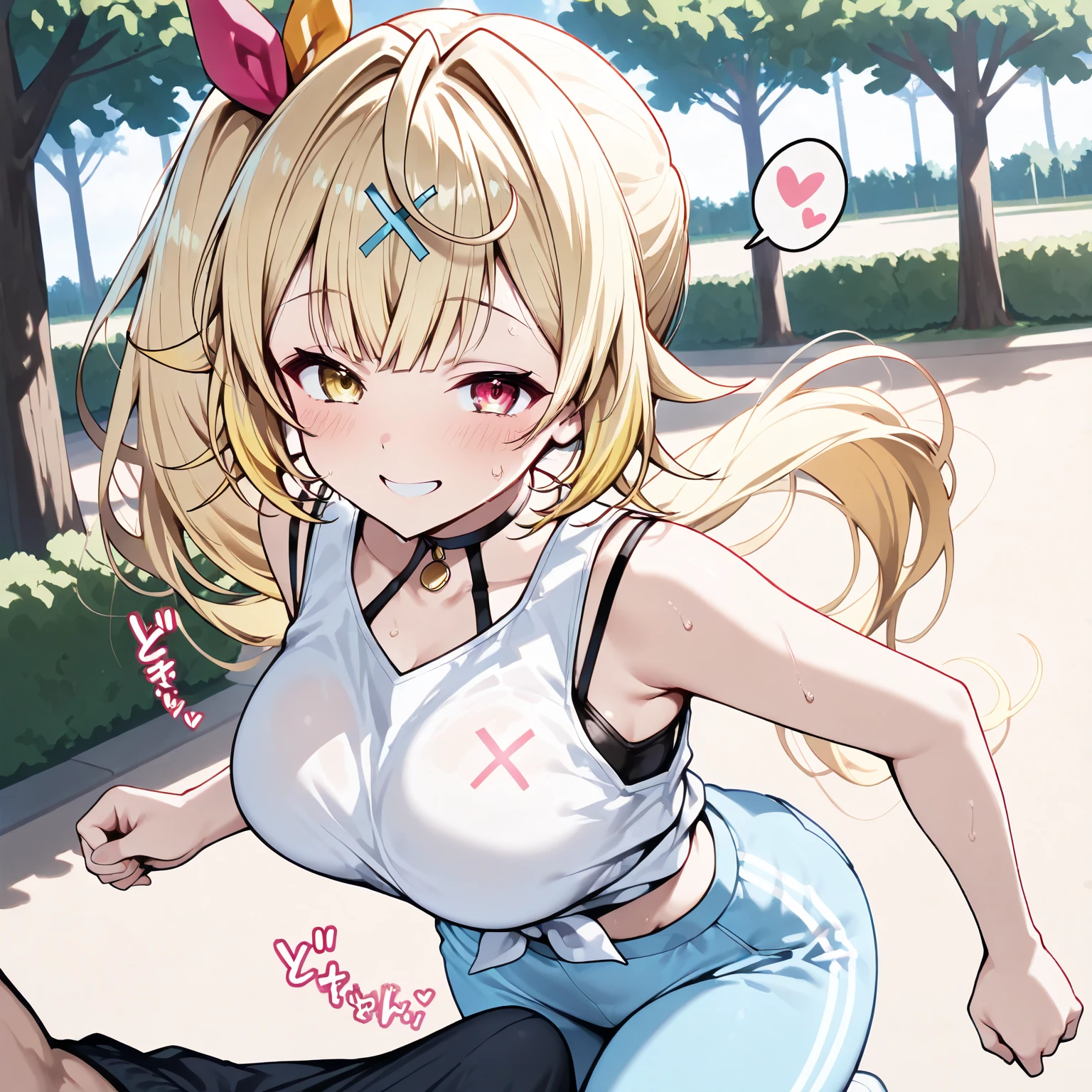 Shorts、Plain whiteｔshirt、running、Sweat、Riverbank、Blonde twin tails、Big Breasts、8-year-old、steam