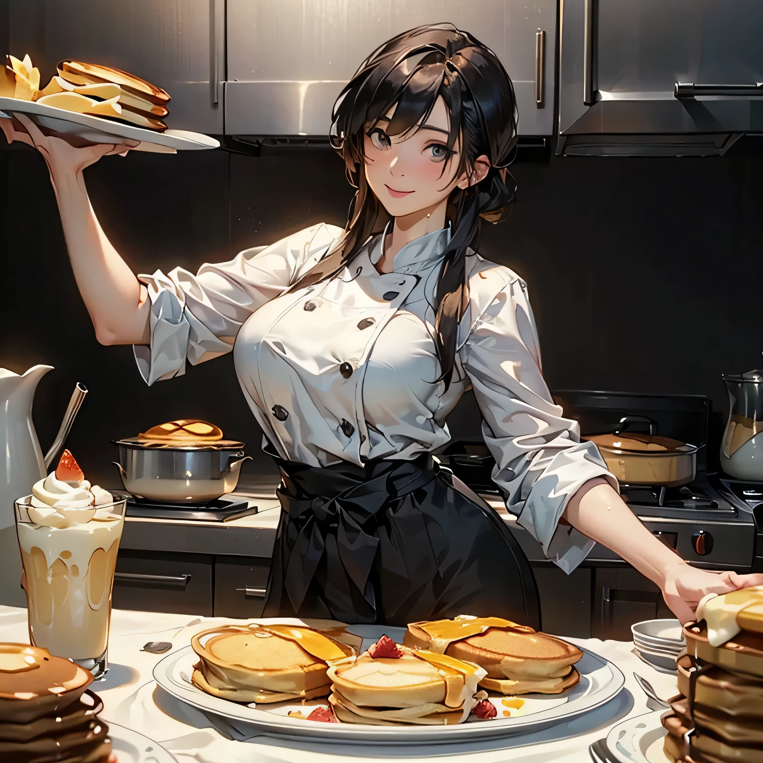 masterpiece, top quality, best quality, ultra-detailed, 8K,Smooth skin, 1 girl chef, perfect composition, perfect picture composition, creative poster, decorate cheesecake, cream cheese cake, messy table, realistic, photo, Bright colors , diffused lighting, Contemporary Art, focus on cheese cake, anime, naked apron
