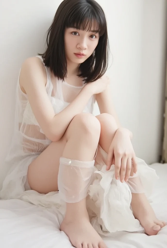 Masterpiece, 8k wall paper, high-resolution, urban, heavy rain, solo, (((Too cute face, delicate beautiful girl)))), ((loli, 13 years old)))), whole body to toe, fine and delicate skin, (()), detailed background, dramatic light, ((( Short dress with thin white fabric))), black eyes, black hair, Tokyo, hot and humid summer, skinny, Very short hair, no bra, no panty, Beautiful body line, Sexy pose, Long legs, Barefoot, tomboy, ((spread (legs)))), melancholy expression, inner thighs, (Grabbing)))))), small breasts, inner thigh, slender face, detailed, ruddy face, flashd cheek,